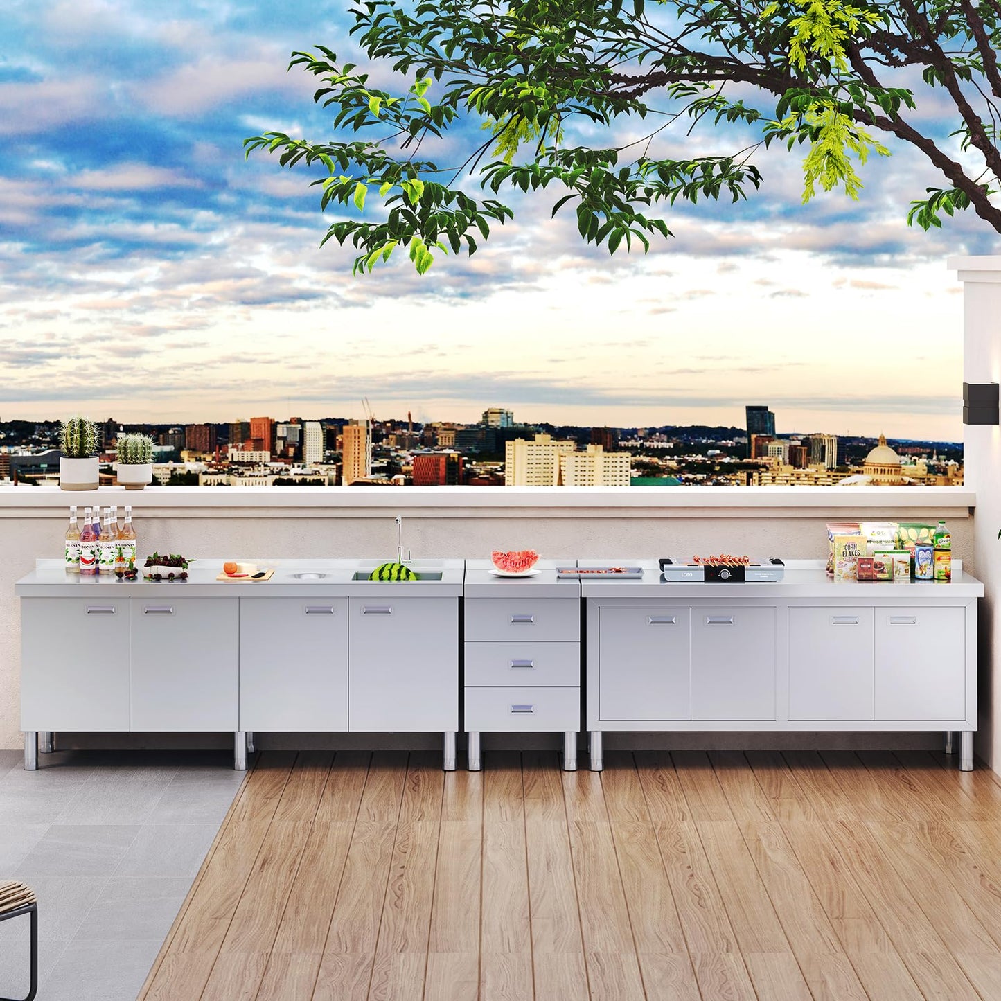 ZZV Stainless Steel Kitchen Cabinet Outdoor Kitchen Drawers with Handles Triple Access BBQ Drawers for Outdoor Garage Warehouse Restaurant, No Assembly Required, 21.66 x 19.68 x 35.43 in