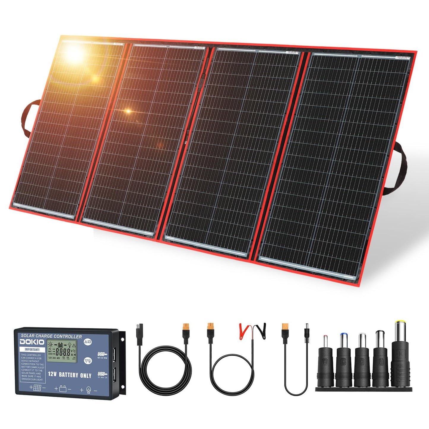 DOKIO 300W Foldable Solar Panel Kit for 12V Batteries & Power Stations, 15.2lb Monocrystalline Charger with PWM Controller, Dual USB, 9.85ft Cable, Folds to 19.3x37.4in for RV Camping