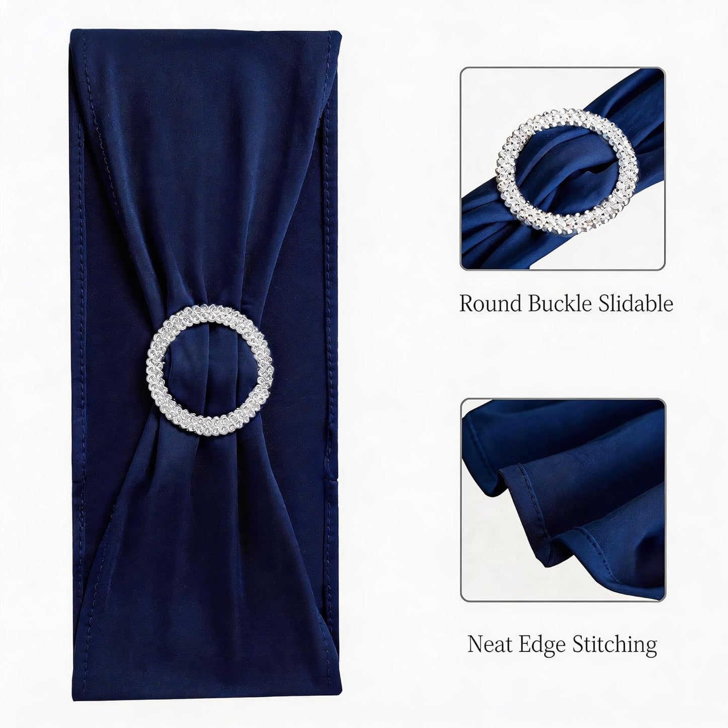 Skiennix Navy Blue Chair Sashes - 100 Pack Spandex Chair Bands with Buckles for Weddings & Events