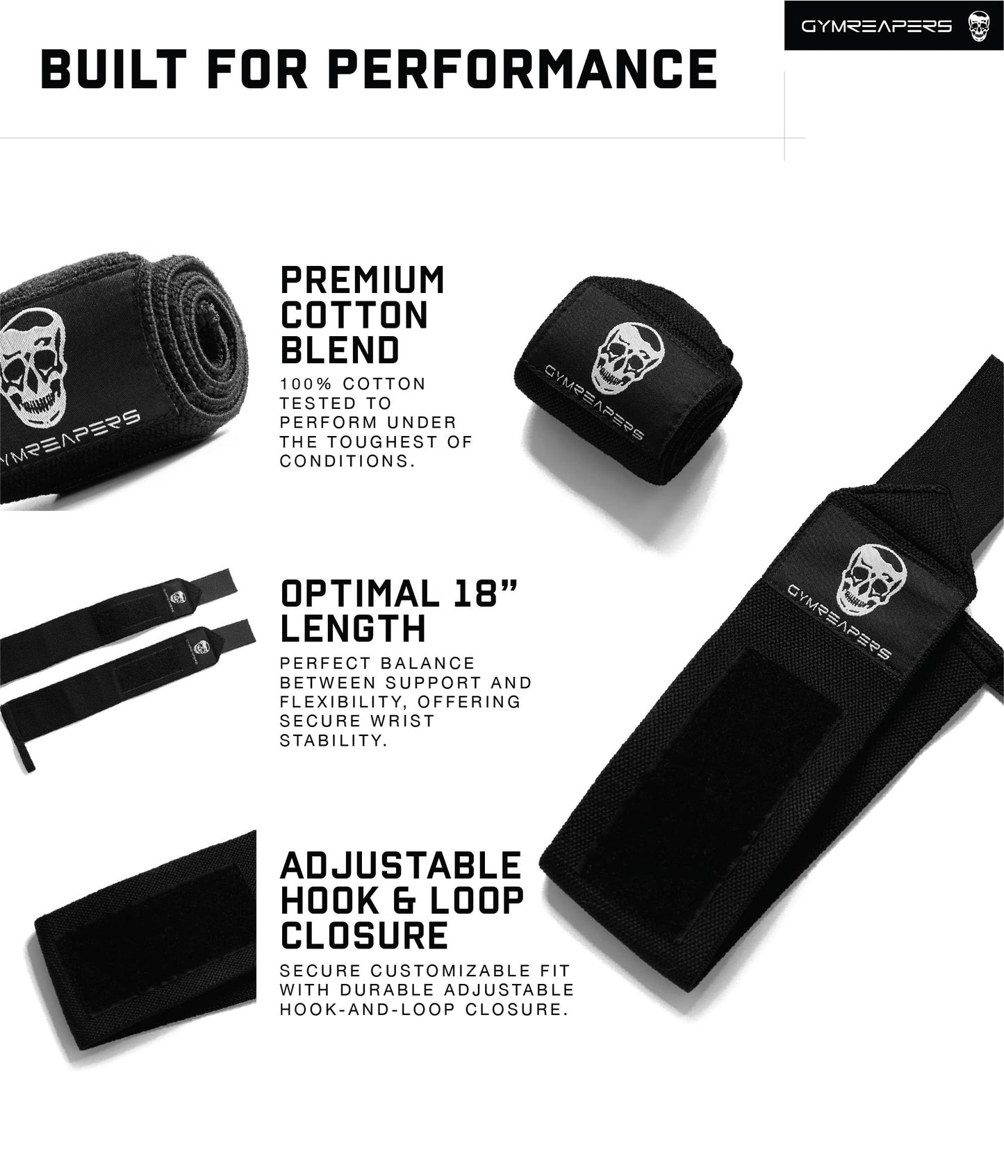 Gymreapers Weightlifting Wrist Wraps (Competition Grade) 18" Professional Quality Wrist Support with Heavy Duty Thumb Loop - Best Wrap for Powerlifting, Strength Training, Bodybuilding(Black,18")