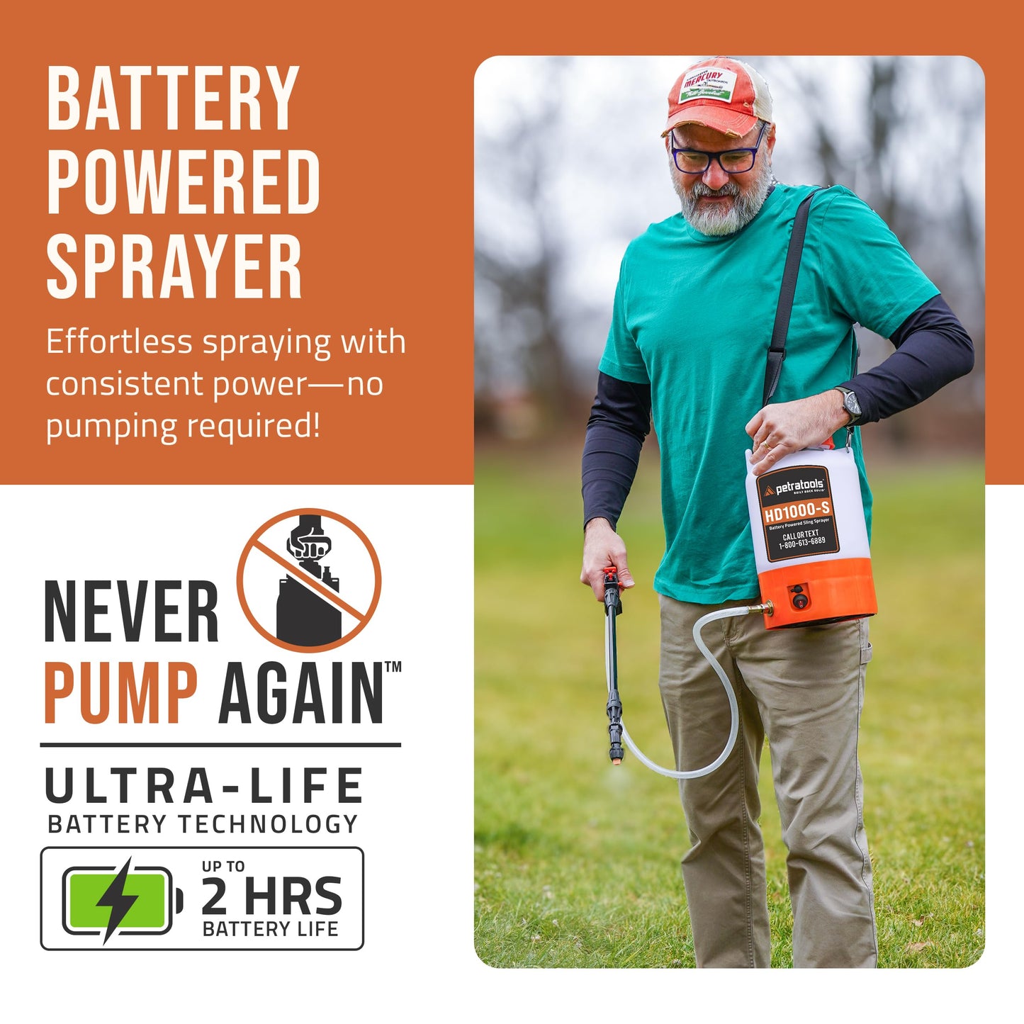 PetraTools Battery Powered Sprayer 1 Gallon - HD1000-S - Heavy Duty Electric Sprayer for Lawn and Garden Weed/Pest Control, Watering - with Battery, Charger & 2 Nozzles (1 Gallon)