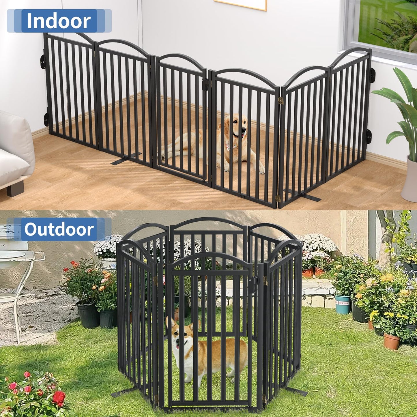 Malier Metal Freestanding Dog Gates with Door, 36'' Height Outdoor Indoor Dog Fences, Extra Wide Foldable Puppy Gate for Stairs (Black, 【6 Panels with Door】 120''W × 36''H)