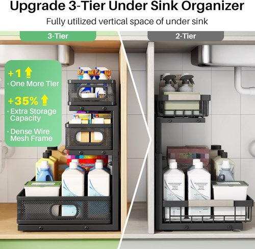 Kitstorack Under Sink Organizer - 3-Tier Height Adjustable Metal Pull-Out Shelf | 2-Pack for Bathroom & Kitchen Storage