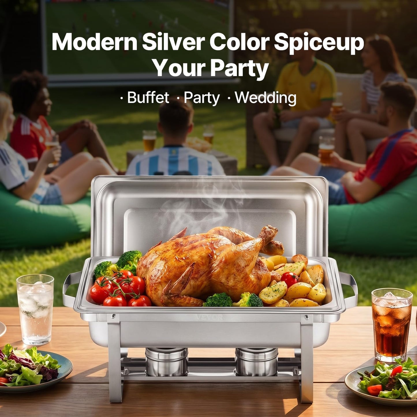 VEVOR Chafing Dish Buffet Set, 8 Qt 4 Pack, Stainless Chafer with 4 Full Size Pans, Rectangle Catering Warmer Server with Lid Water Pan Folding Stand Fuel Tray Holder Spoon Clip