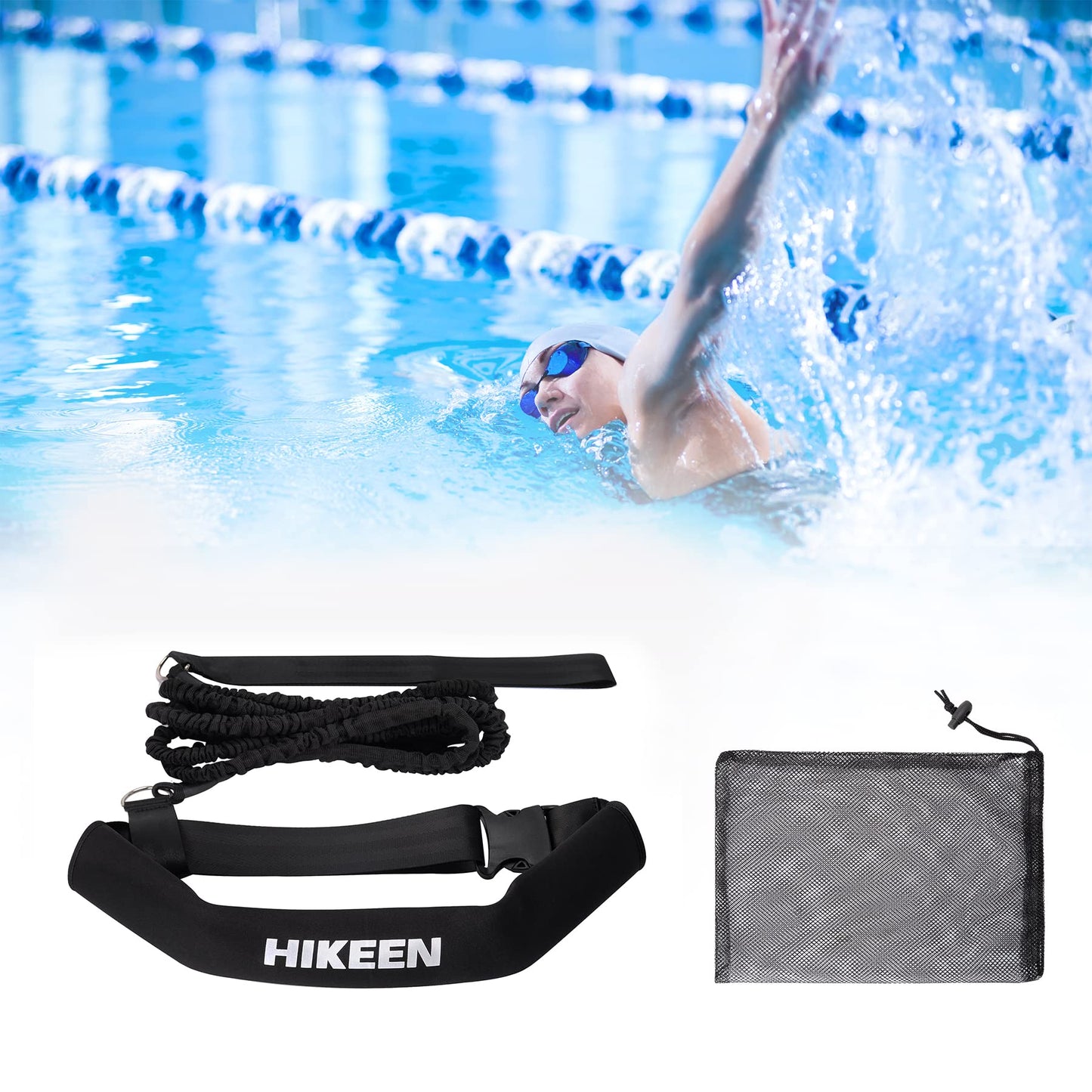 Hikeen Swimming Training Belt 4M Swimming Tether Swim in Place Harness Stationary Aquatic Resistance Belt