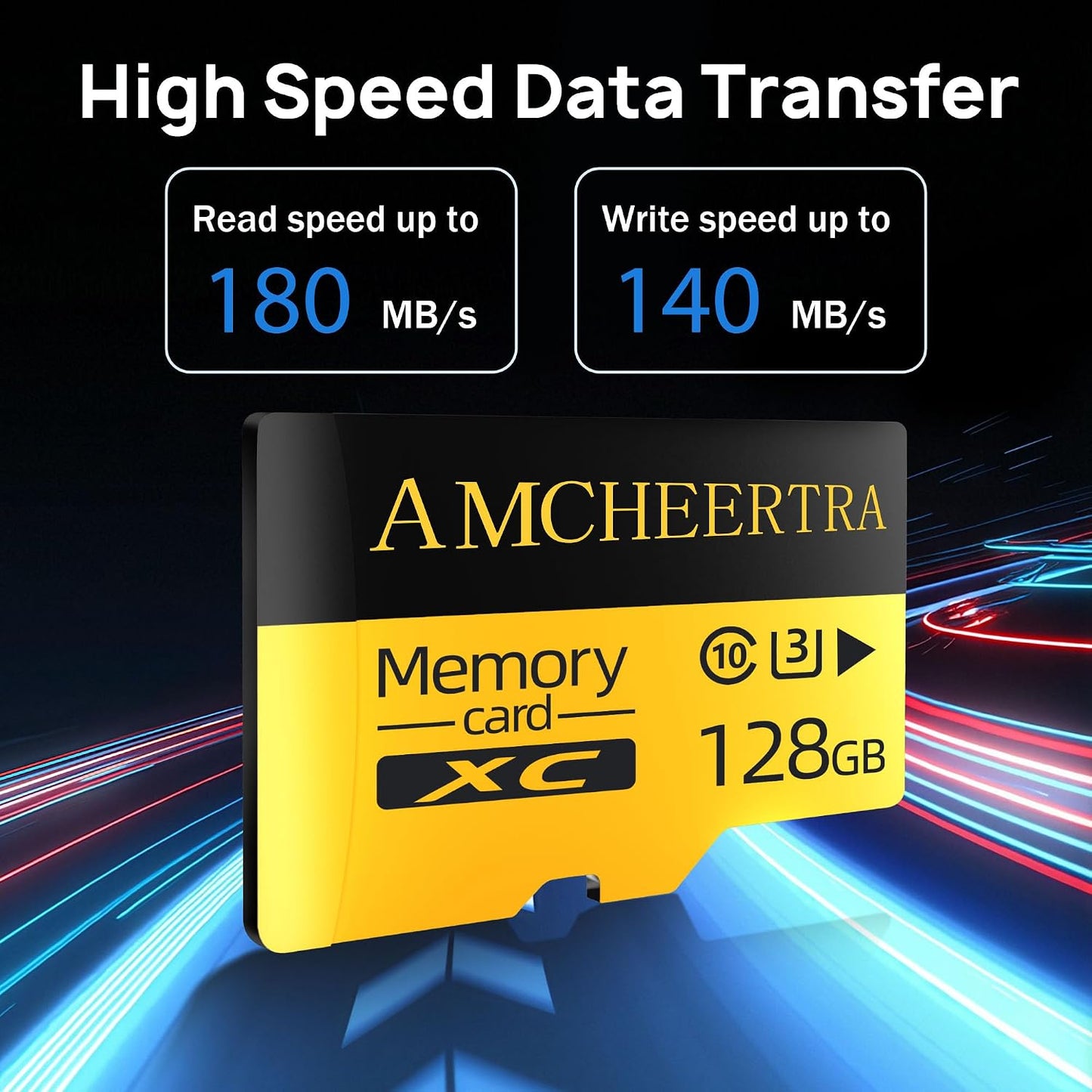 AMCHEERTRA 128GB 4K, 5K 180/140MB/s, C10, U3, A2, MicroSDXC Memory Card, UHD Videos Storing, R/W Up to UHS-I