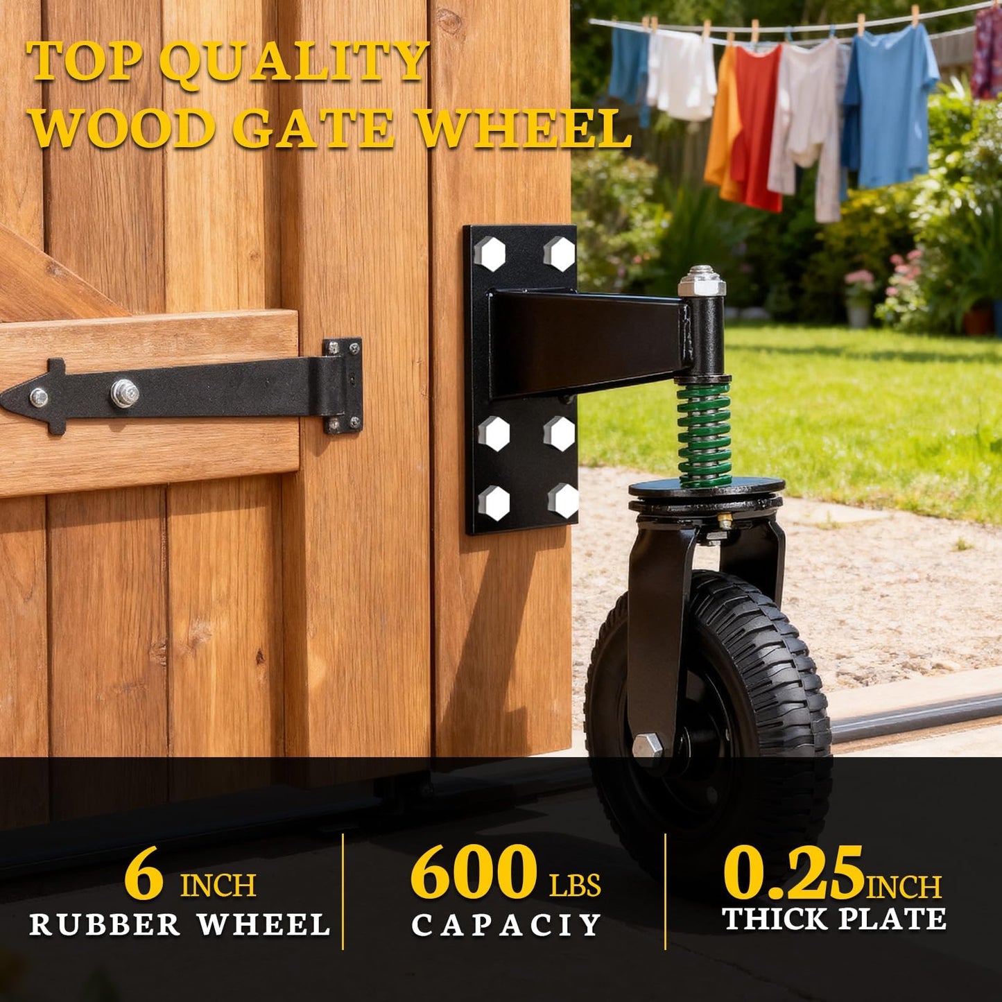 Qrooviiy 6Inch Fence Gate Wheels,600 lbs Capacity Gate Wheels with Caster Srping Cushioned for Metal/Wooden Gate,360 Degree Swivel with Suspension for Swing Gate Support (Black 1Pack)…