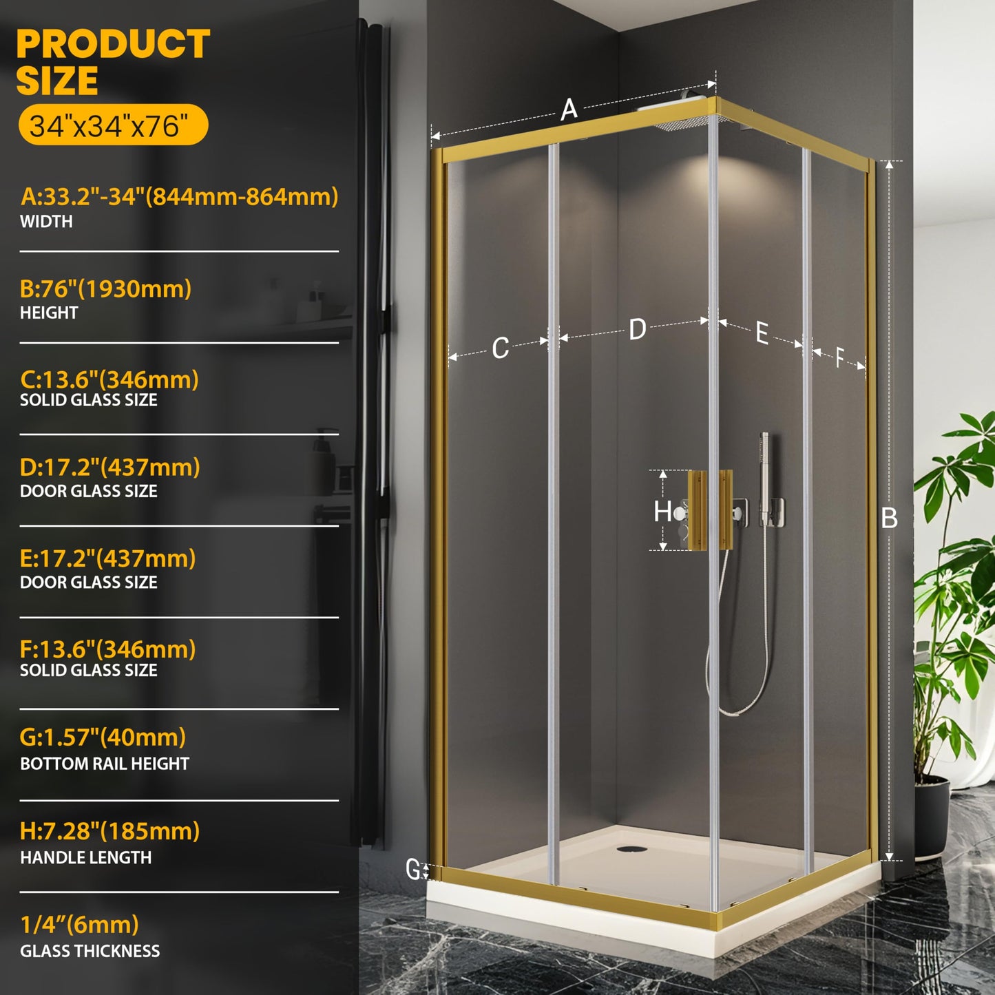 Corner Shower Enclosure 34" L X 34" W X 76" H. Double Corner Sliding Shower Door With 1/4 In Nano-Coated Tempered Glass,Shower Glass Doors In Brushed Gold Hardware Kit for Upgrade Your Bathroom