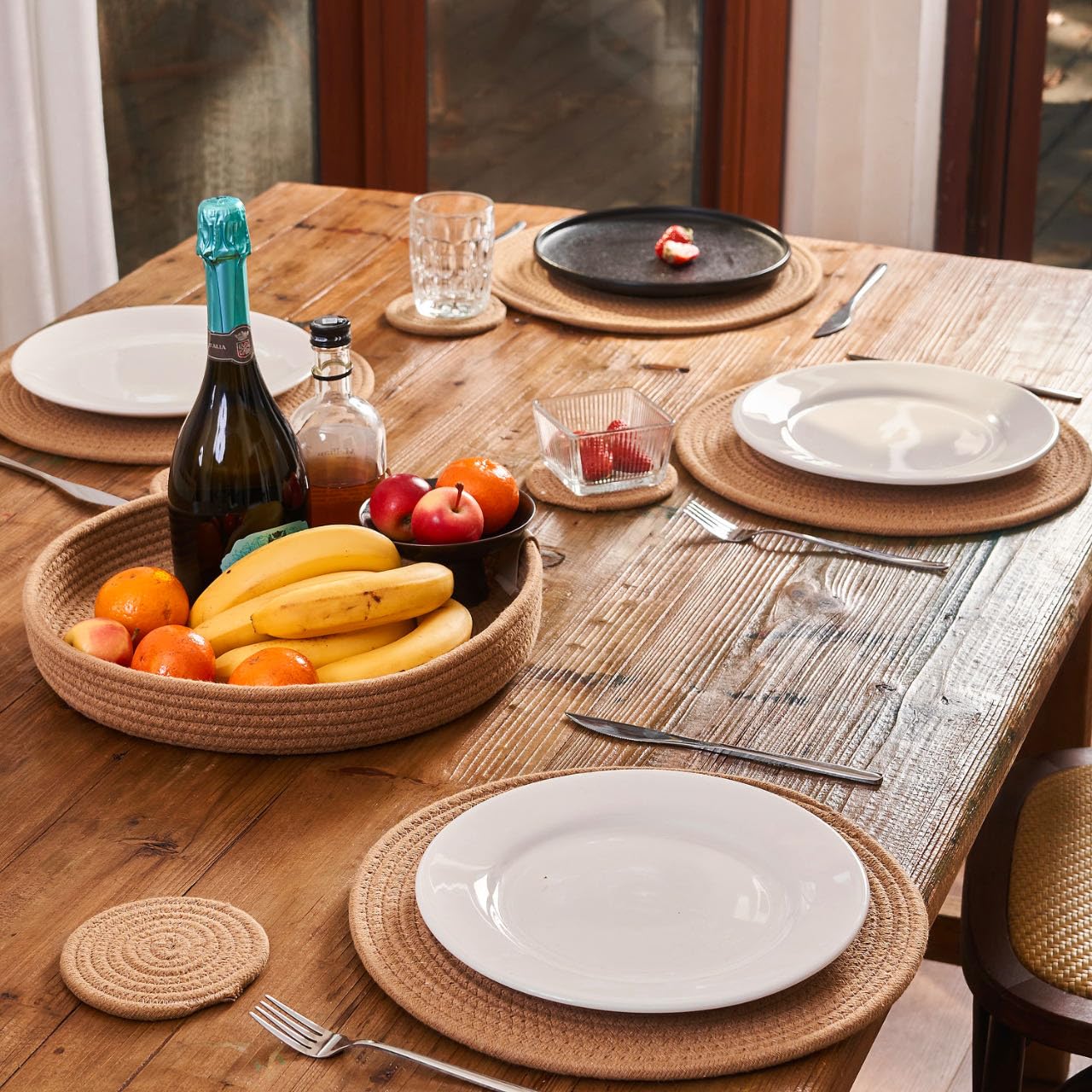 Art PineCone's Woven Cotton Rope Round Placemats Set of 4 with Holder Included, Non-Slip, and Heat Resistant Shabby Chic Placemats (Caramel, 13 inch Plus Coaster)