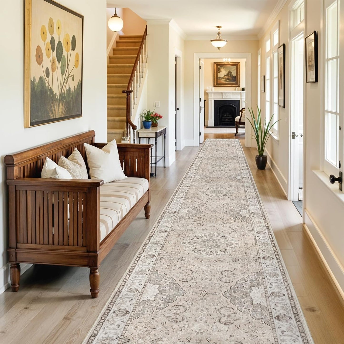 Skiennix Vintage Washable Runner Rug - Ultra Soft Non-Slip Design for Indoor Use | 3x18 Feet, Beige