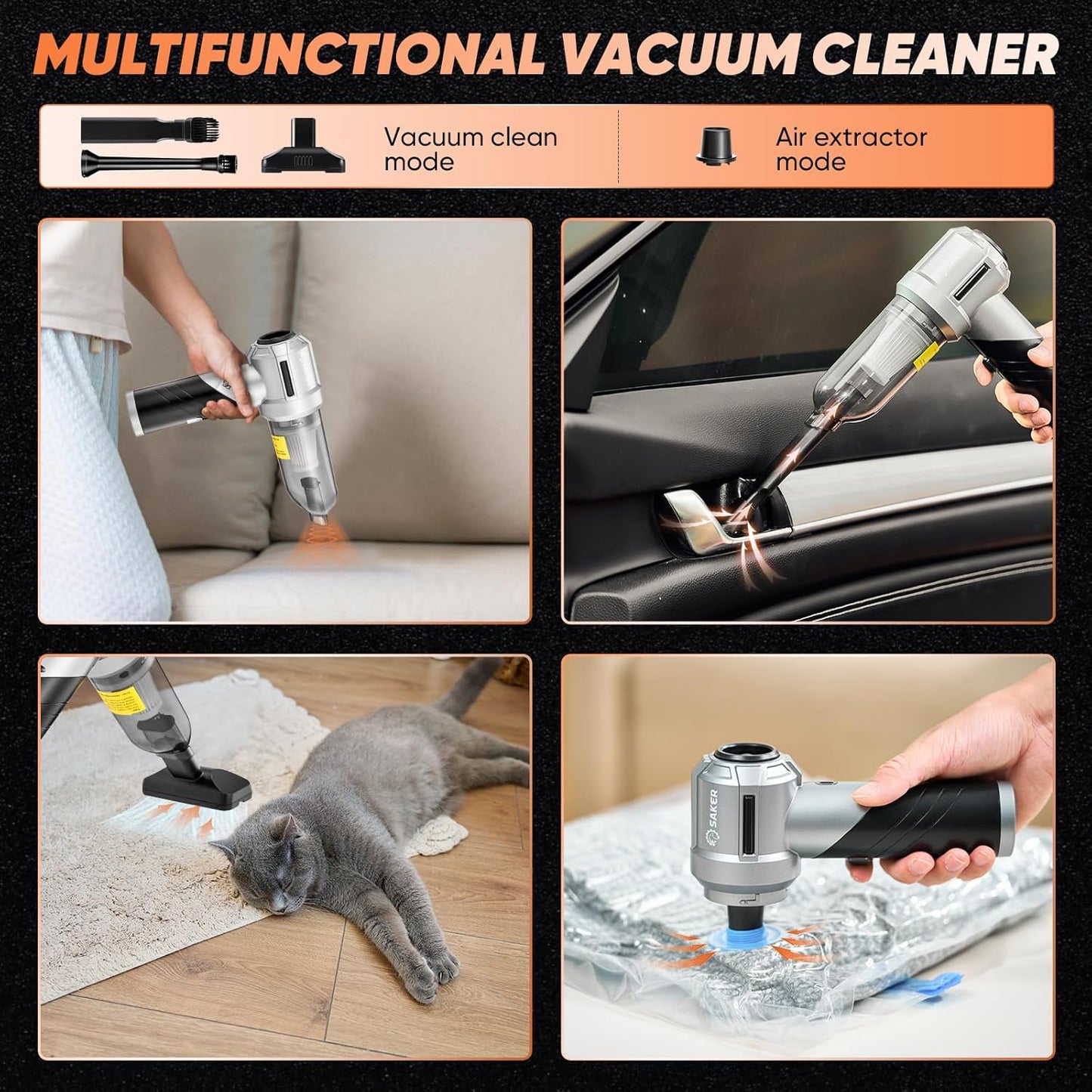 Saker Portable Handheld Vacuum - Cordless 17000PA Mini Car Cleaner with Brushless Motor | Ideal for Home & Pet Cleaning