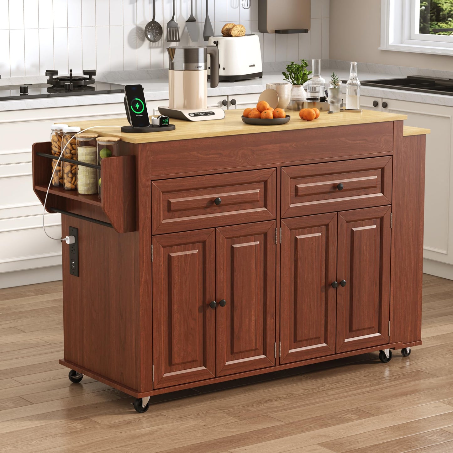 80"-48" Extendable Kitchen Island with Extended Dining Table and Power Outlet,Large Mobile Kitchen Storage Islands with 2 Storage Drawers,Rolling Islands Cart with 3 Extra Rows Open Shelves(Brown)