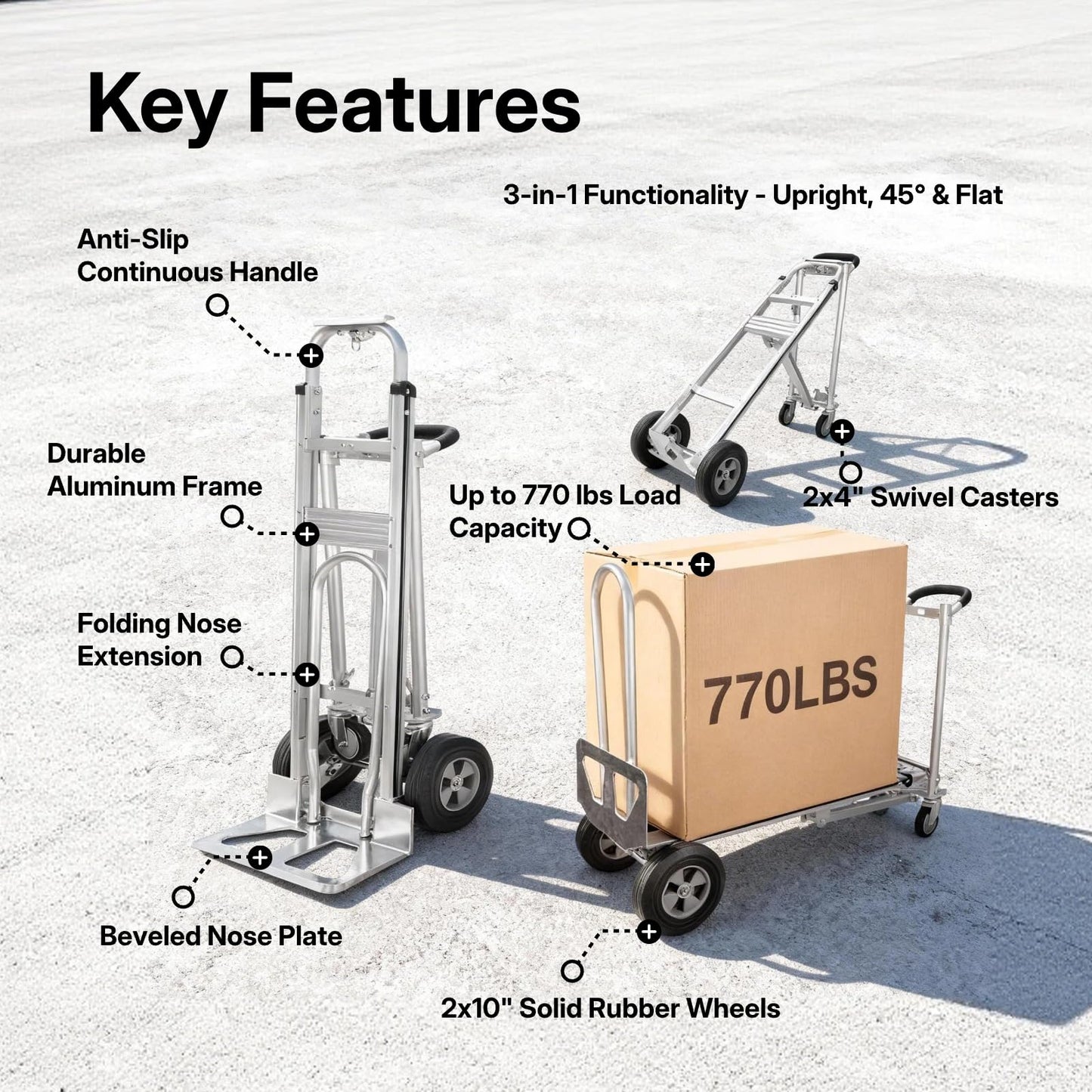 Heavy Duty Convertible Hand Truck – Heavy Duty Aluminum 3-in-1 Dolly, 770 lbs Capacity, 2x10 Solid Rubber Wheels, Folding Nose Extension, Ergonomic Anti-Slip Handle for Easy Transport