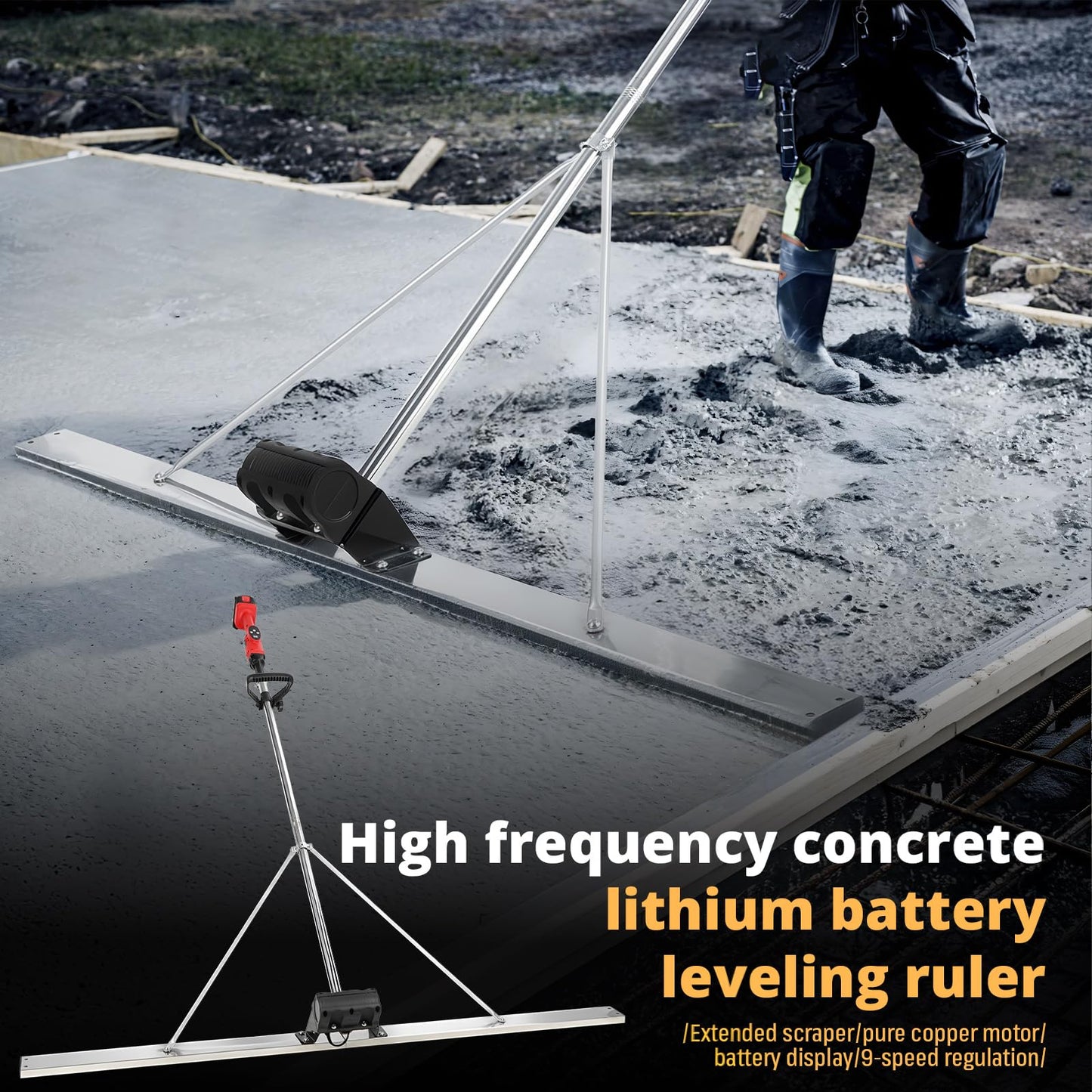 High Power Concrete Screed Vibratory Kit - Concrete Finishing Tool with 59" Stainless Steel Board, Cordless Electric Screed Cement Finishing Vibrating Machine with 4800mAh Battery, 9 Gears Adjustable
