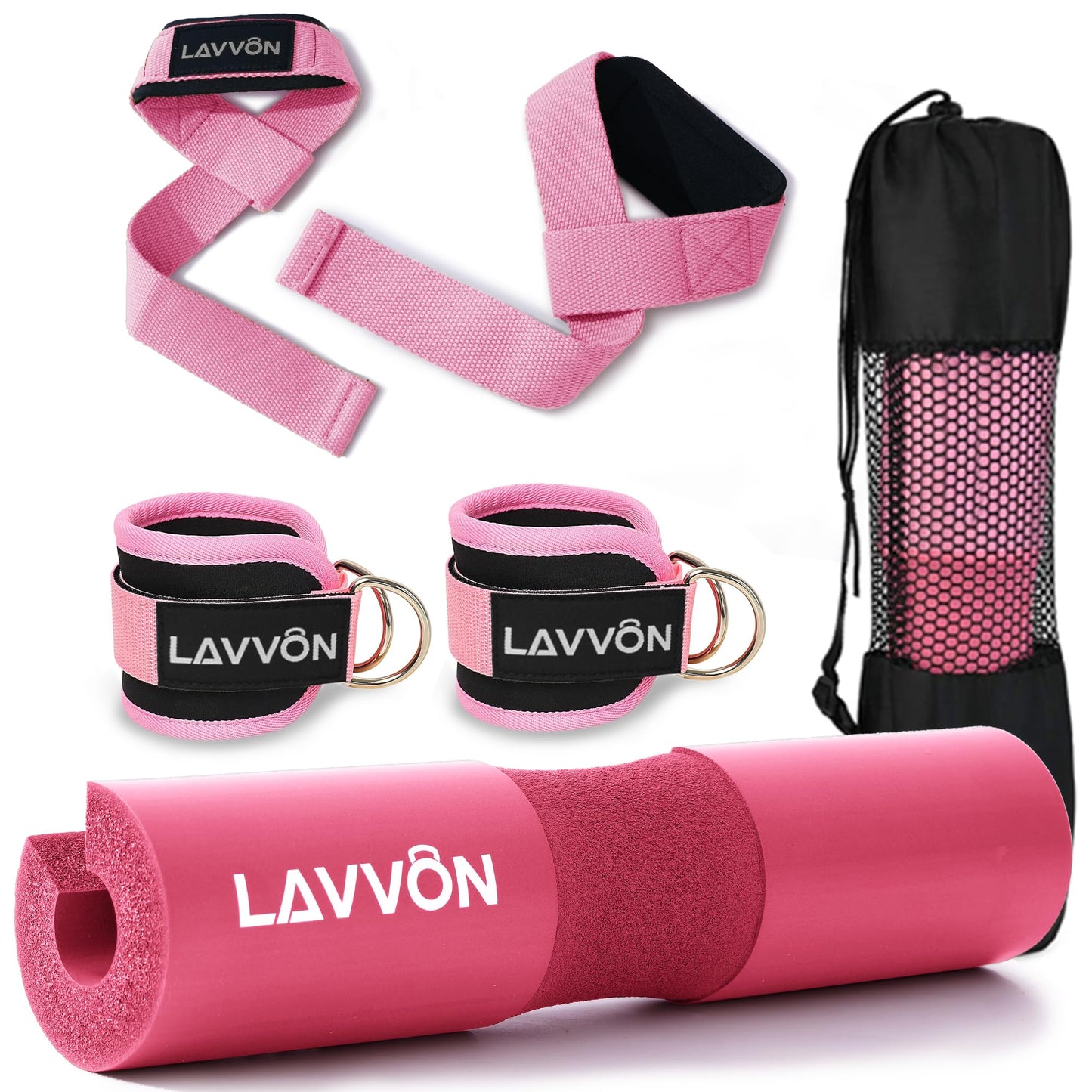 Squat Pad Set - Foam Barbell Pad for Squats Cushion, Lunges & Bar Padding for Hip Thrusts -Standard Olympic Weight Bar Pad,Gym Accessories for Women(Ankle Straps,Wrist Straps for Weightlifting)(Pink)