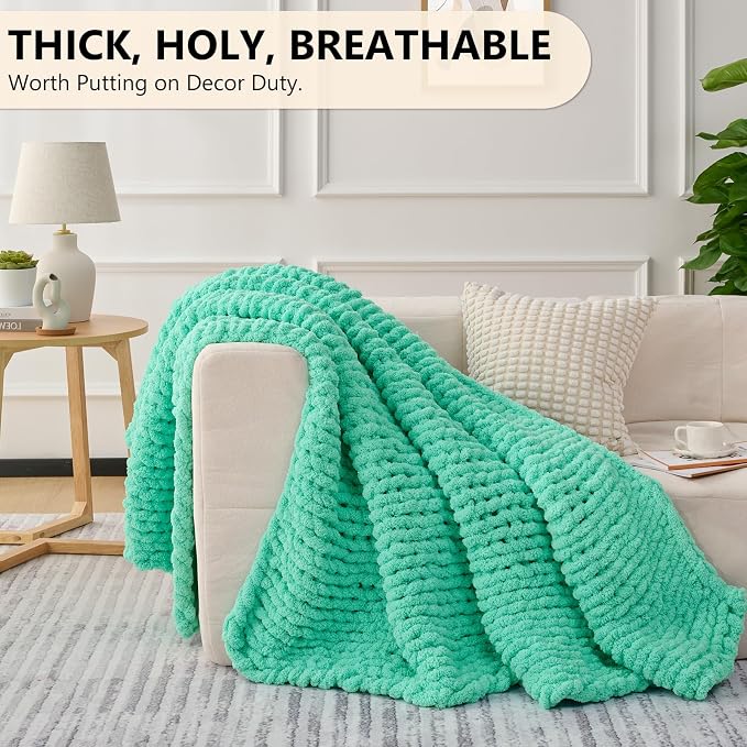 L'AGRATY Chunky Knit Blanket Throw: 60''x80'' Chenille Chunky Knitted Throw Blankets for Bed Couch - Handmade Thick Big Cable Knit Blanket - Large Crochet Rope Blankets for Home Decor(Aqua)