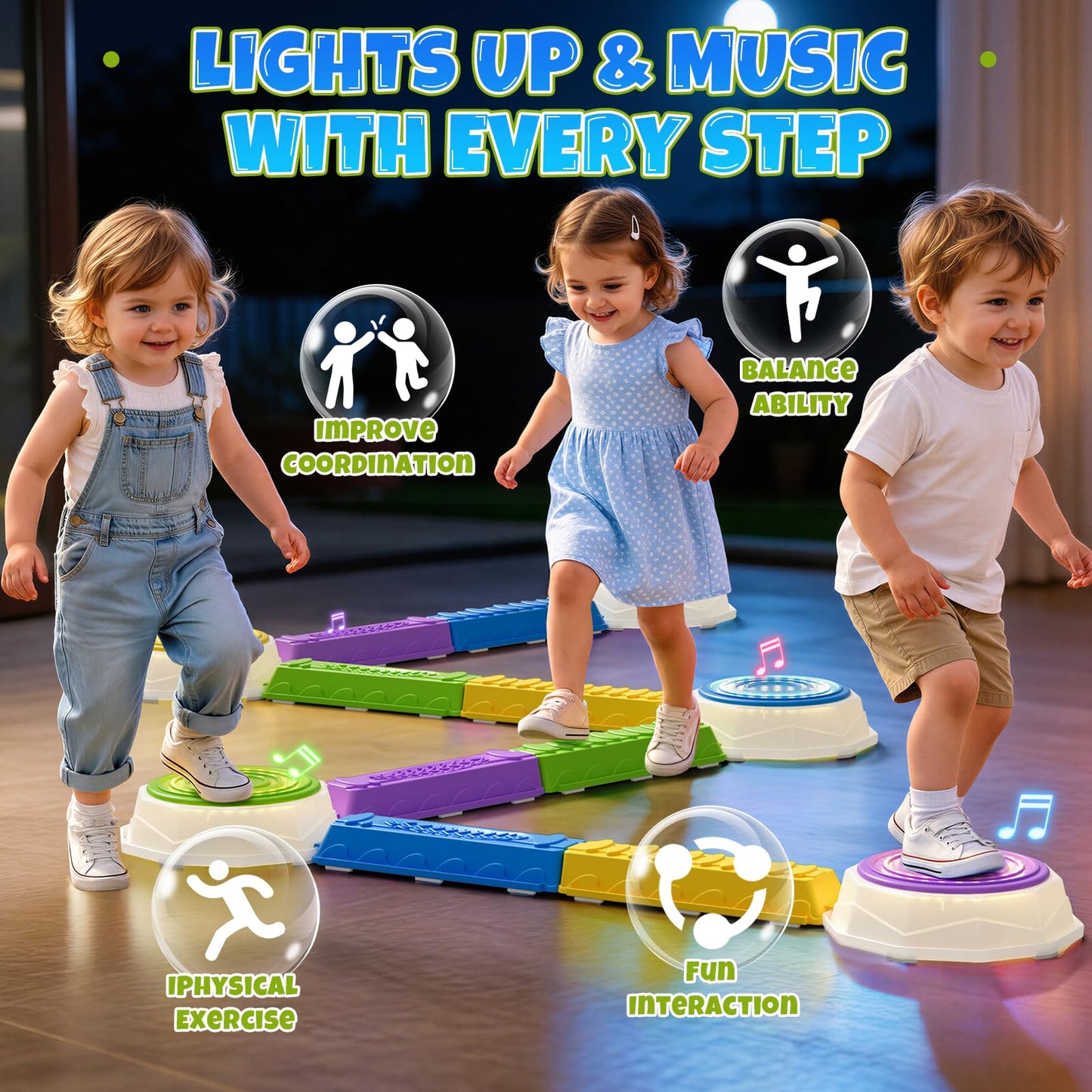 Wee Wonders Light Up Stepping Stones & Balance Beam for Kids, Step Stones with Piano Music, Game Spinner & 30 Cards, Non-Slip Sensory Obstacle Course Toys, Indoor Outdoor Gifts for Toddlers 3-5