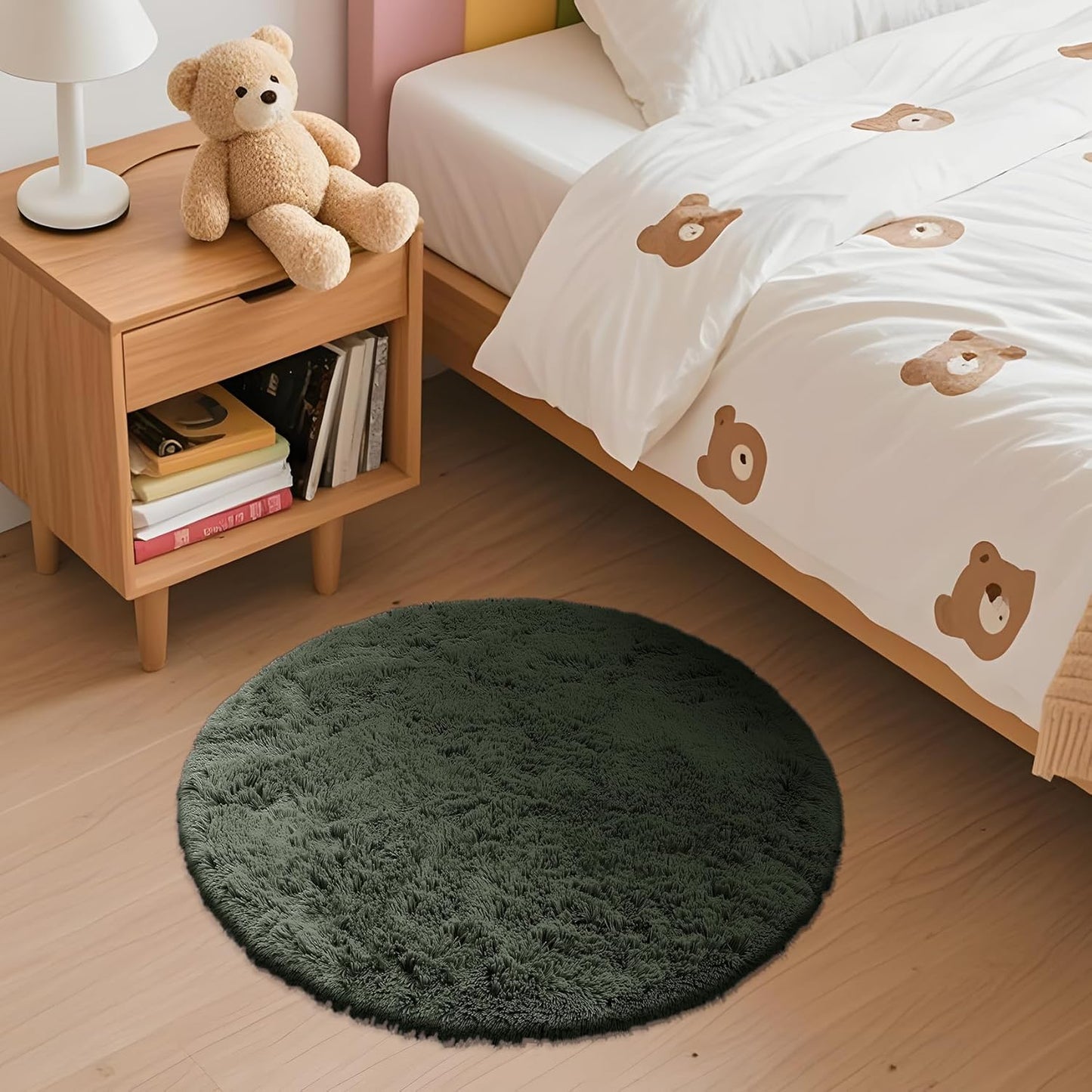 OLANLY Olive Green Round Rug - Soft, Machine Washable 2 ft Shaggy Area Carpet for Bedroom & Nursery Decor