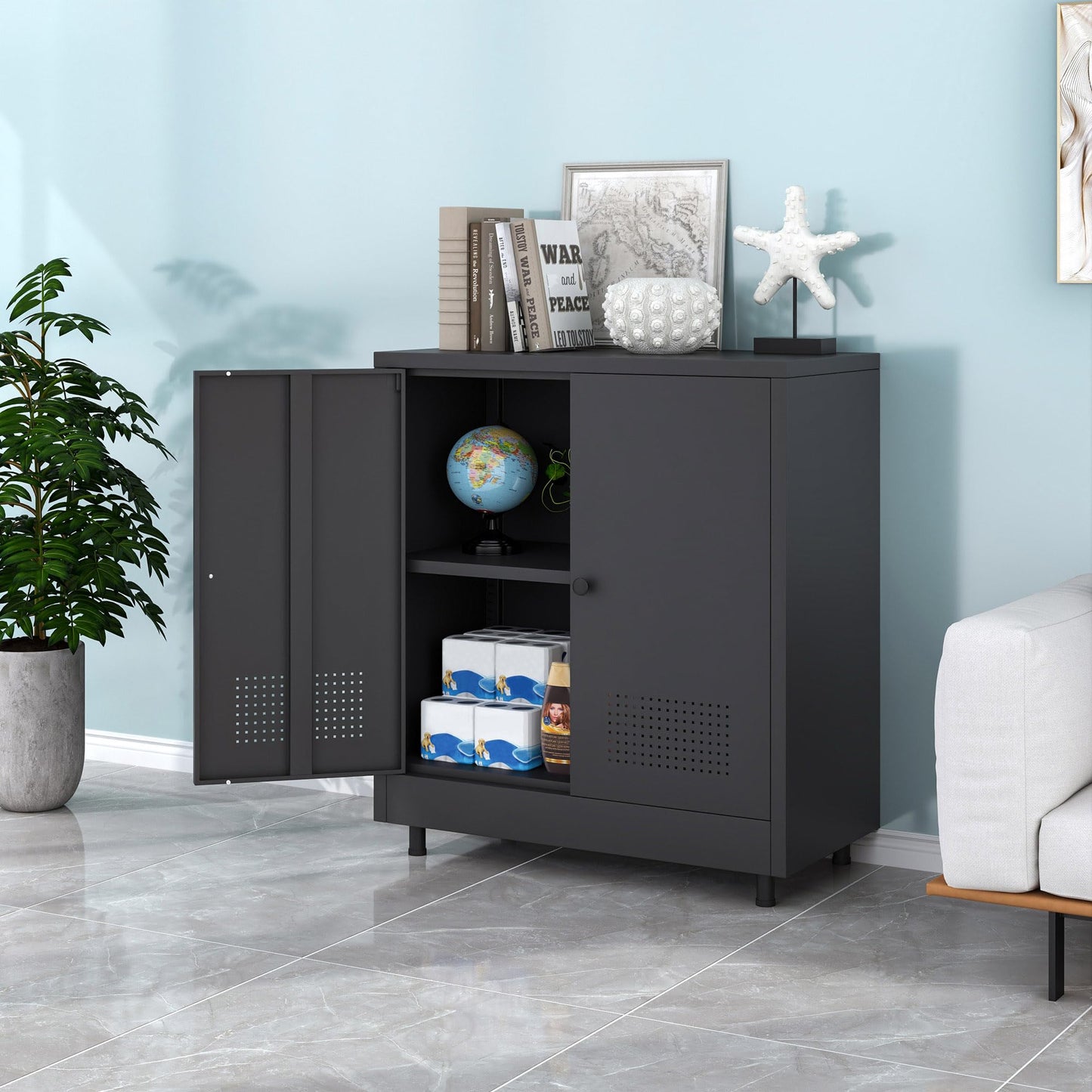 JINKUR Metal Storage Cabinet with 2 Doors and Adjustable Shelf, Steel Accent Sideboard Buffet Cabinet for Home, Office, Garage, Entryway, Living Room, Kitchen Pantry and Dining Room (Black)