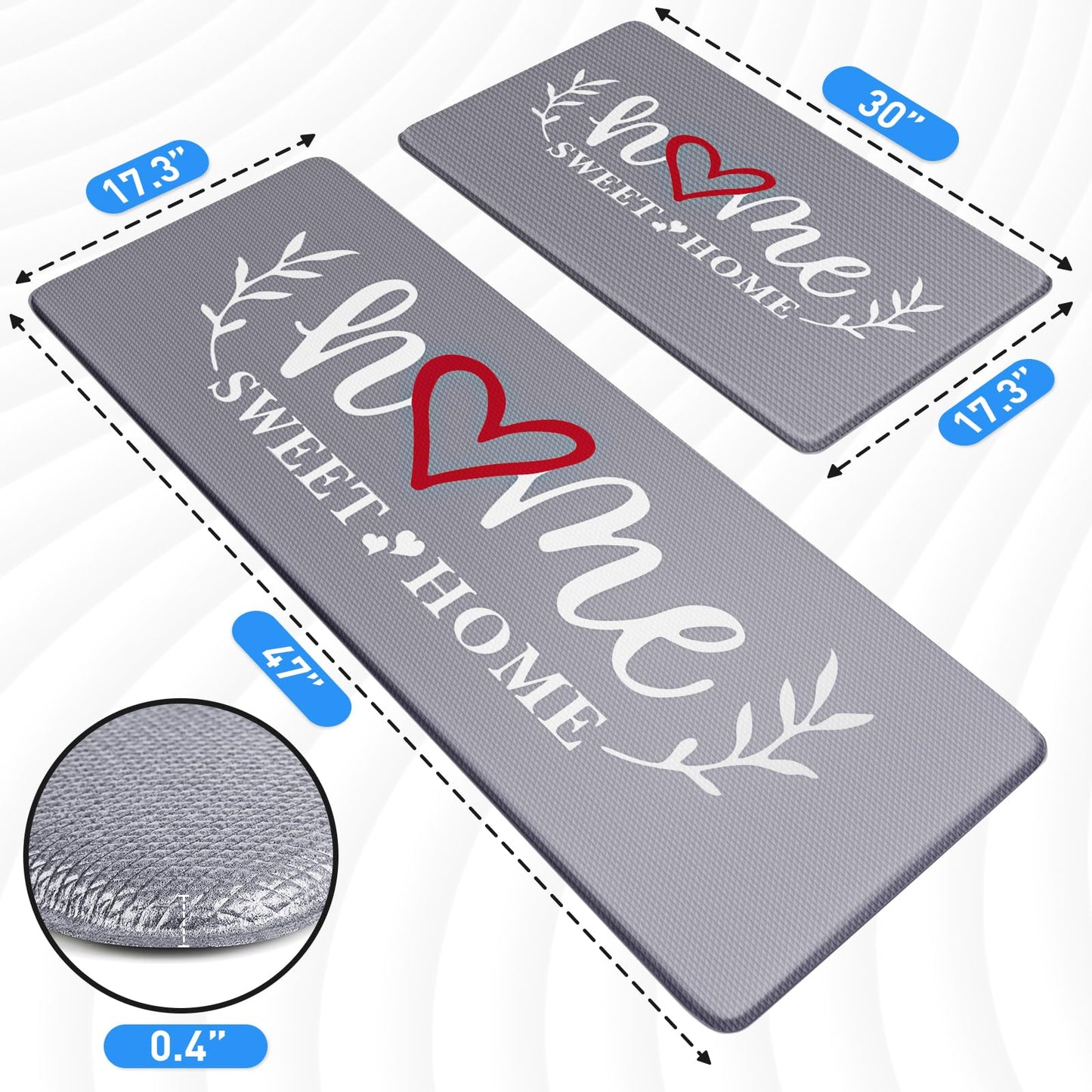 HappyTrends Kitchen Mat for Floor, 2PCS Cushioned Anti-Fatigue Kitchen Rugs, Waterproof Non-Slip Standing Mats and Rugs Set for Kitchen, Office, Laundry, Grey, 17.3"×30"+17.3"×47"