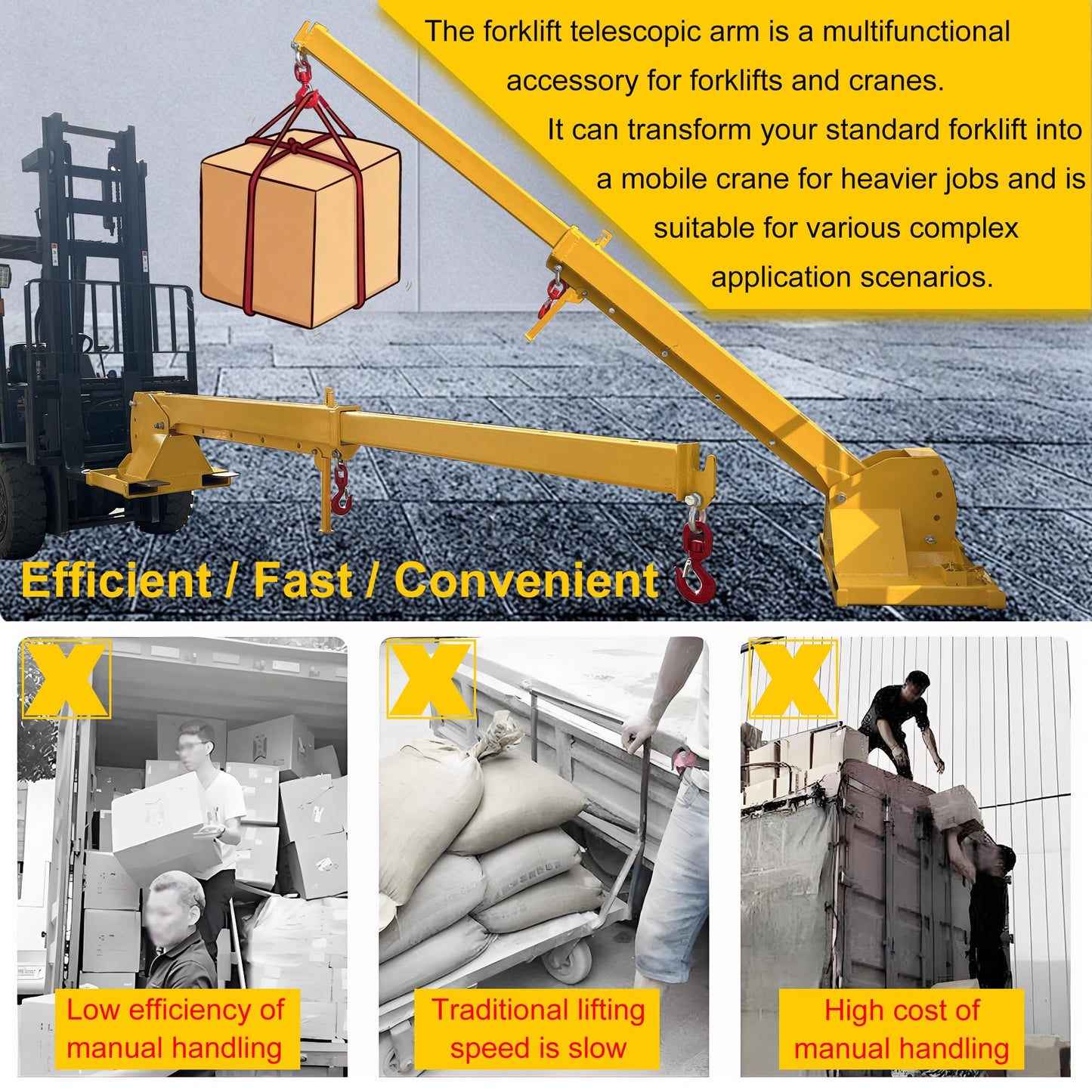 HayWHNKN 3T Forklift Telescopic Jib Boom Forklift Mobile Crane with 0-75° Adjustable Tilt Angle, 7-12ft Extension, 2 Hooks, Heavy-Duty Lifting Hoist Towing Handling for Warehouse Construction Factory