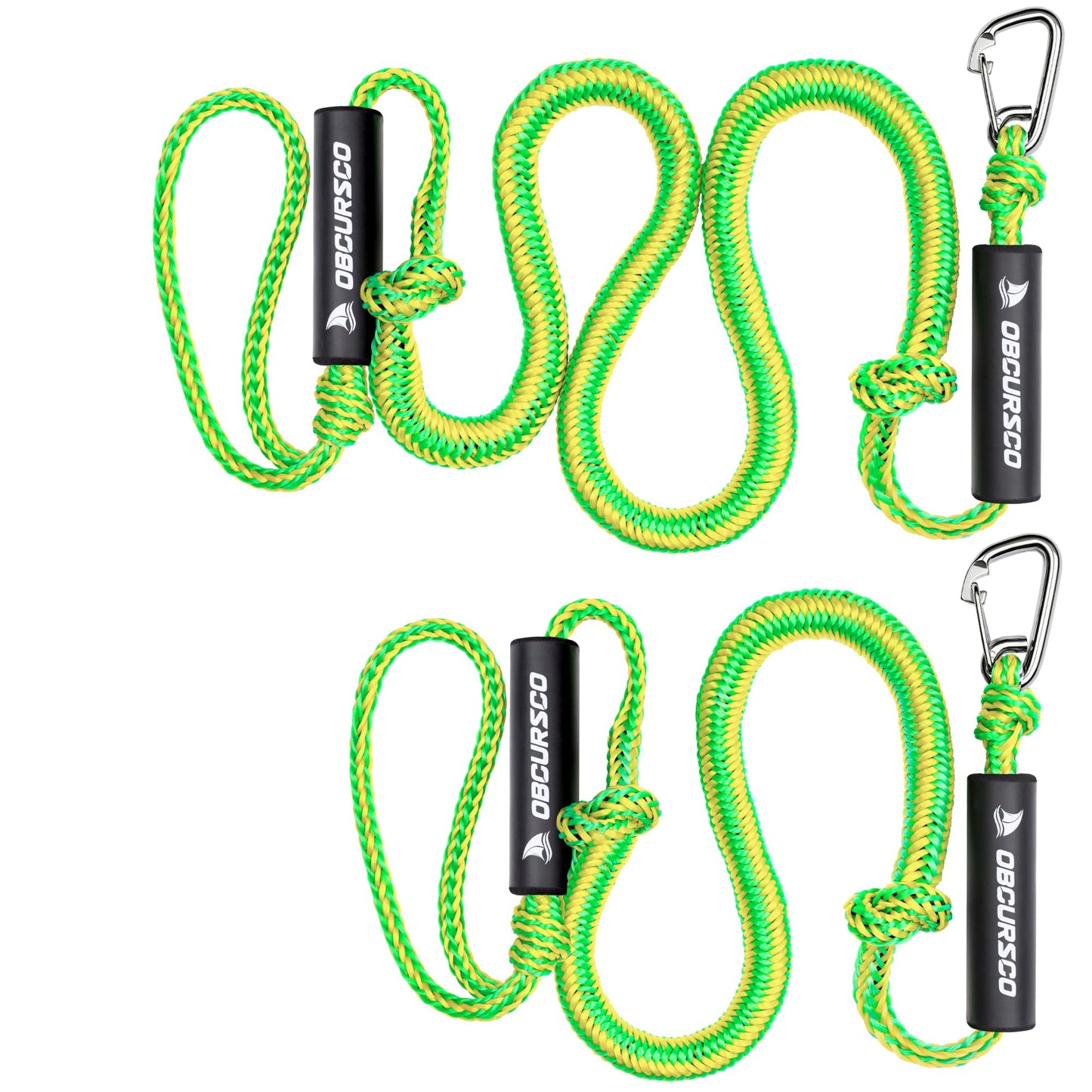 Obcursco Bungee Dock Lines for Boat, Docking Rope with 316 Stainless Steel Clips, Accessories for Jet Ski, PWC, SeaDoo, Pontoon, Center Console, Sets of Two(4ft & 6ft) (Green/Yellow)