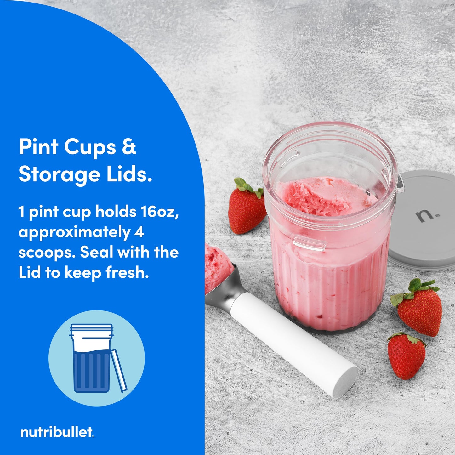 nutribullet Chill Ice Cream Maker, for Gelato, Sorbet, Frozen Yogurt, Smoothie Bowls, Compact Size, (2) Dishwasher Safe 16 oz. Pint Cups with Lids, White, NBD50100AW
