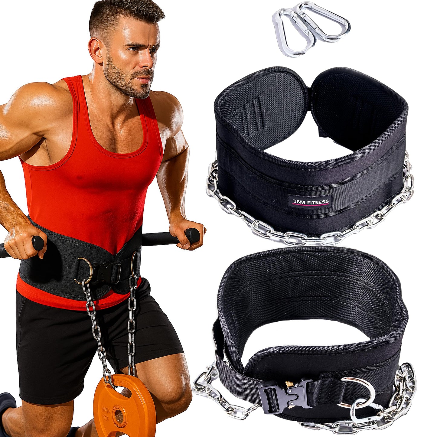 JSM FITNESS Dip Belt for Weight Lifting with a Quick Closure Steel Buckle, Weighted Belt for Pullups & Dips for Men, with Durable Chain and Carabiners, Weightlifting, Squat, Bodybuilding