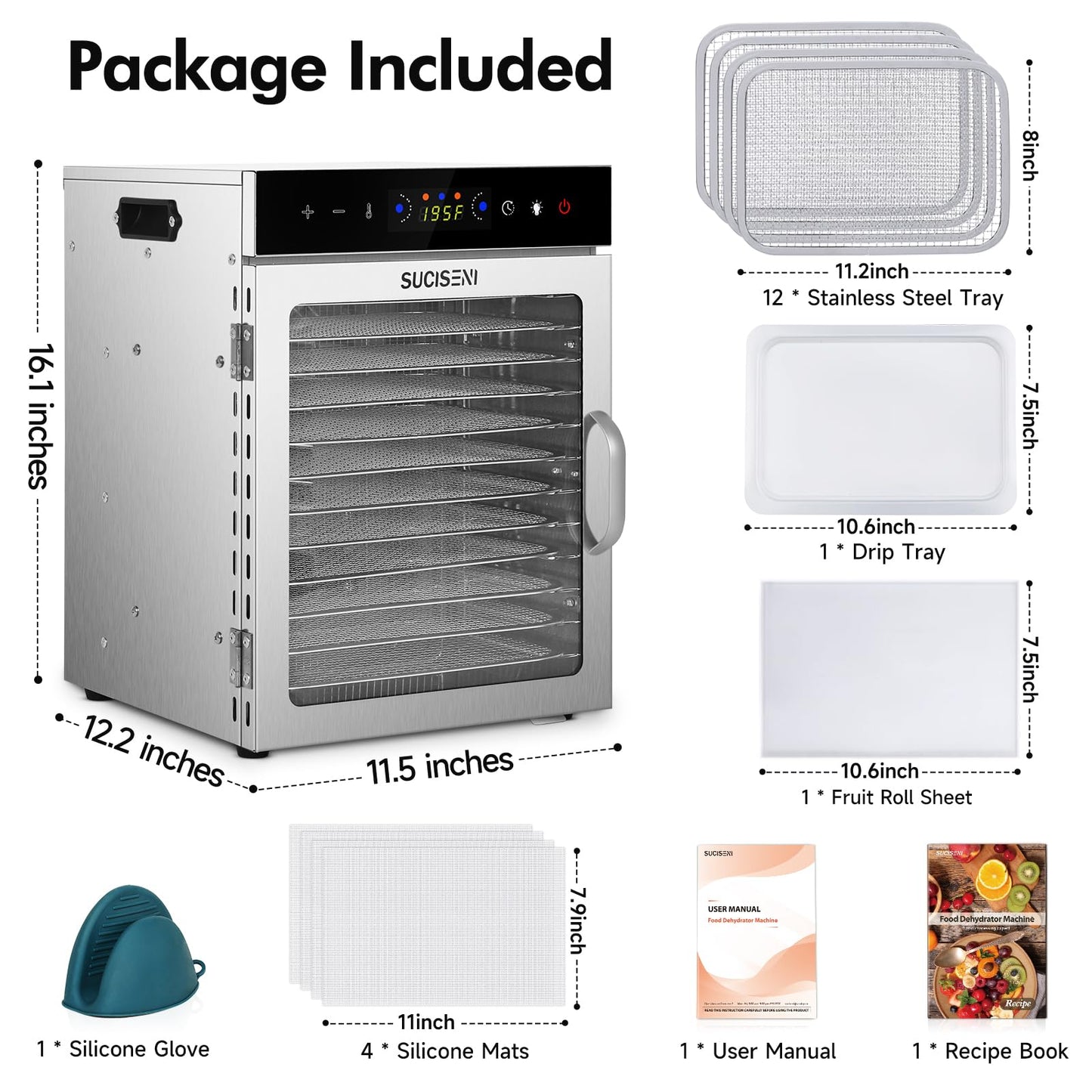 Food Dehydrator Machine 12 Stainless Steel Trays 1000W Meat Dehydrator for Home Use, 24H Timer & 195℉ Temperature Control Food Dryer for Jerky Fruit Herbs Mushroom Dog Treats