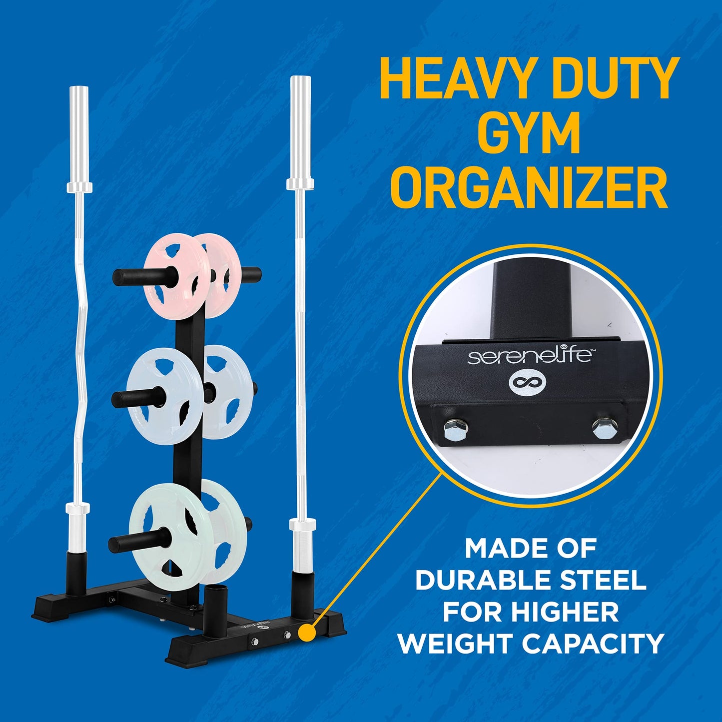 SereneLife 6-Pegs Olympic Weight Plate Rack & 4 Barbells - 800 Pounds Capacity, Heavy Duty Gym Organizer, Scratch Resistant Frame, Powder-Coat Finish, Easy to Assemble, Compact & Space-Saving