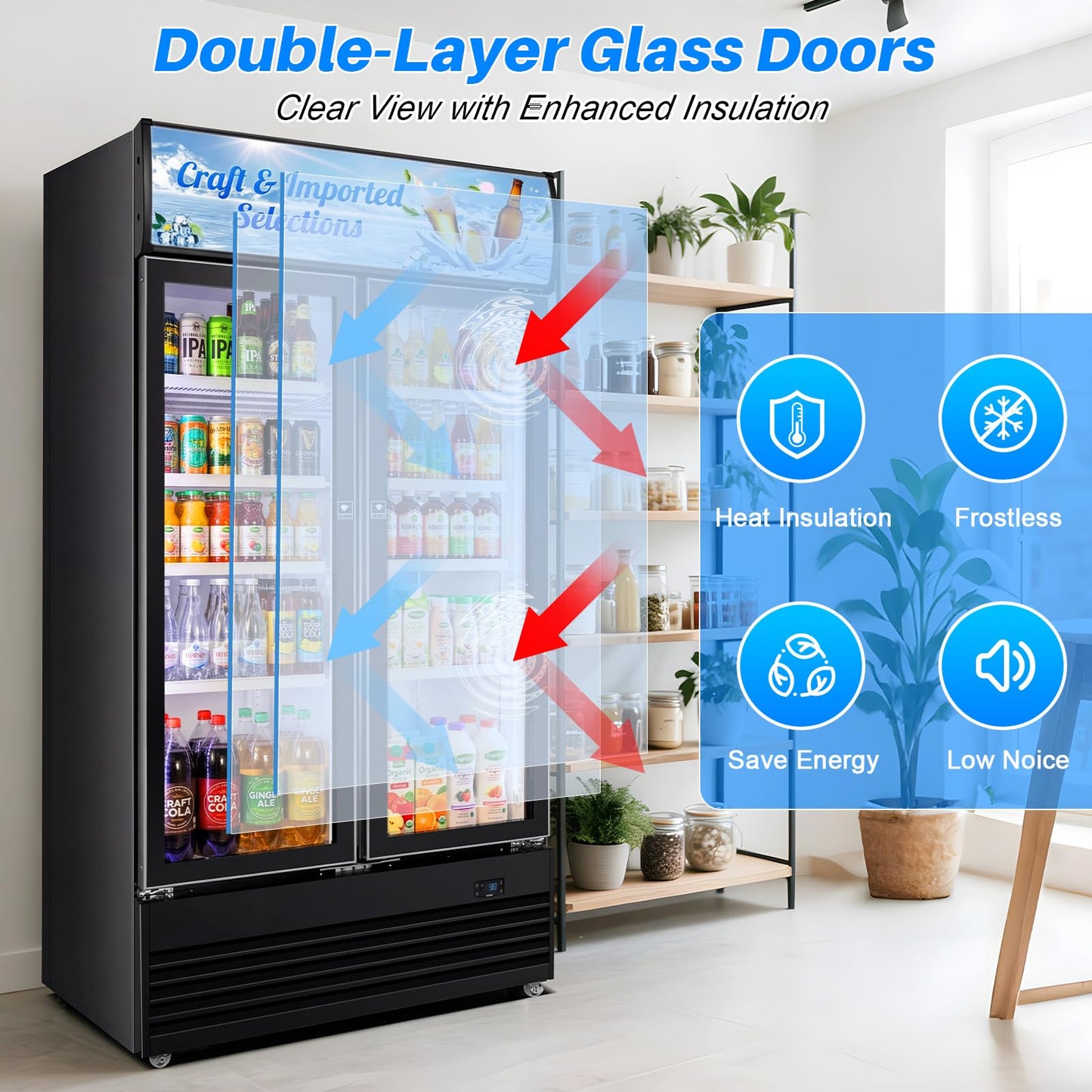 Velivi Commercial Display Beverage Fridge, 40″ Double Glass Door Refrigerator, 28.1 Cu.Ft Large Capacity with 8 Adjustable Shelves, Upright Cooler for Shop, Bar & Restaurant