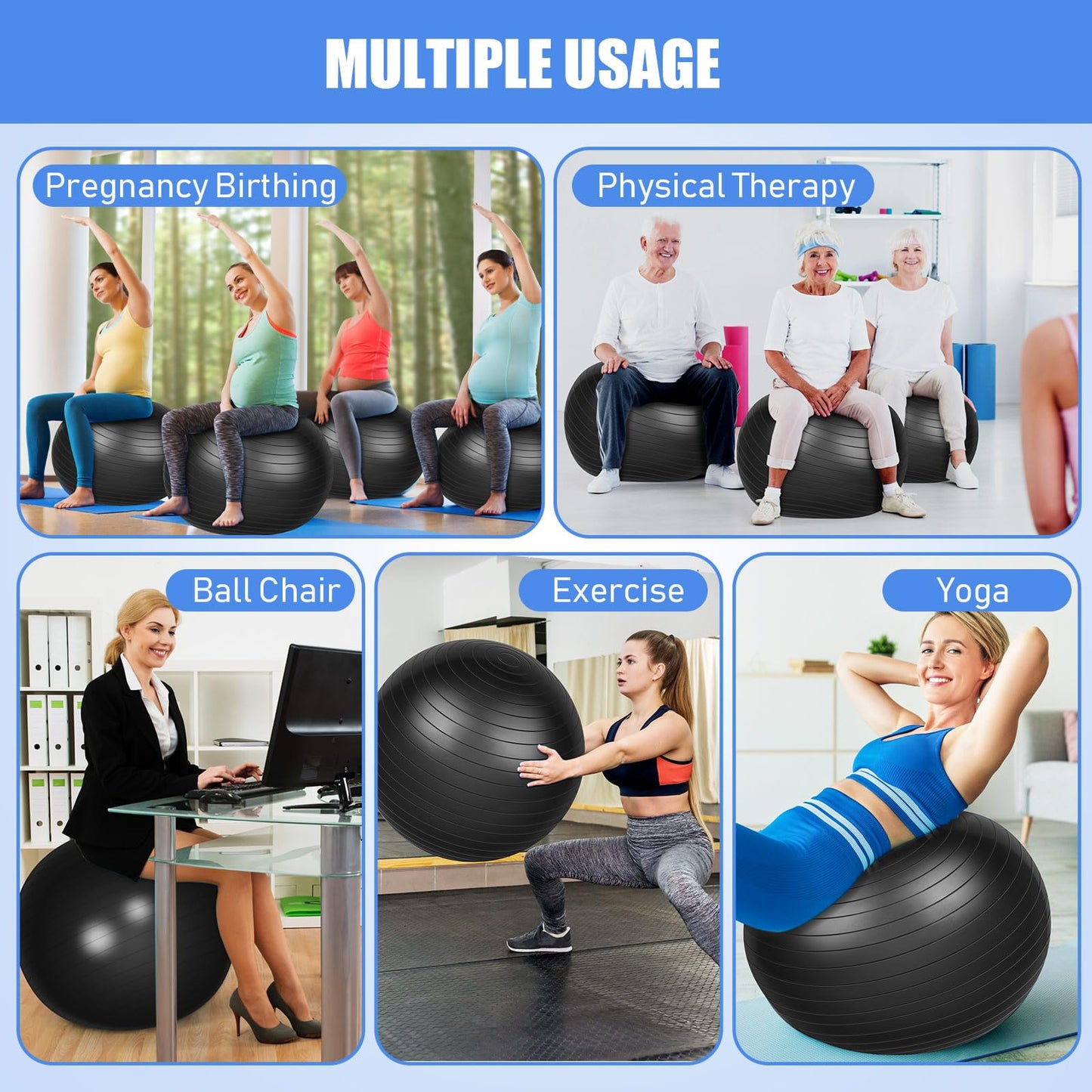 Leyndo 4 Pcs 26 Inch Yoga Exercise Ball Pilates Pregnancy Birthing Fitness Ball with Quick Pump Anti Burst for Improved Posture, Balance, Yoga, Pilates, Training(Black)