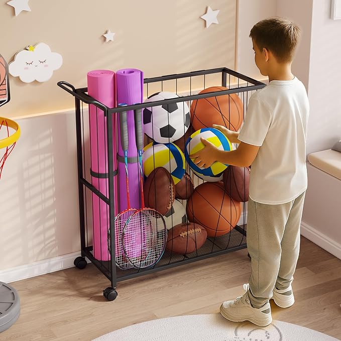 Ball Storage Bin Rolling Sports Ball Cart, Metal Garage Organizer Sport Rack, Ball Basket Storage, Ball Cage for Garage or Gym, Indoor & Outdoor Sports Equipment Organizer Black