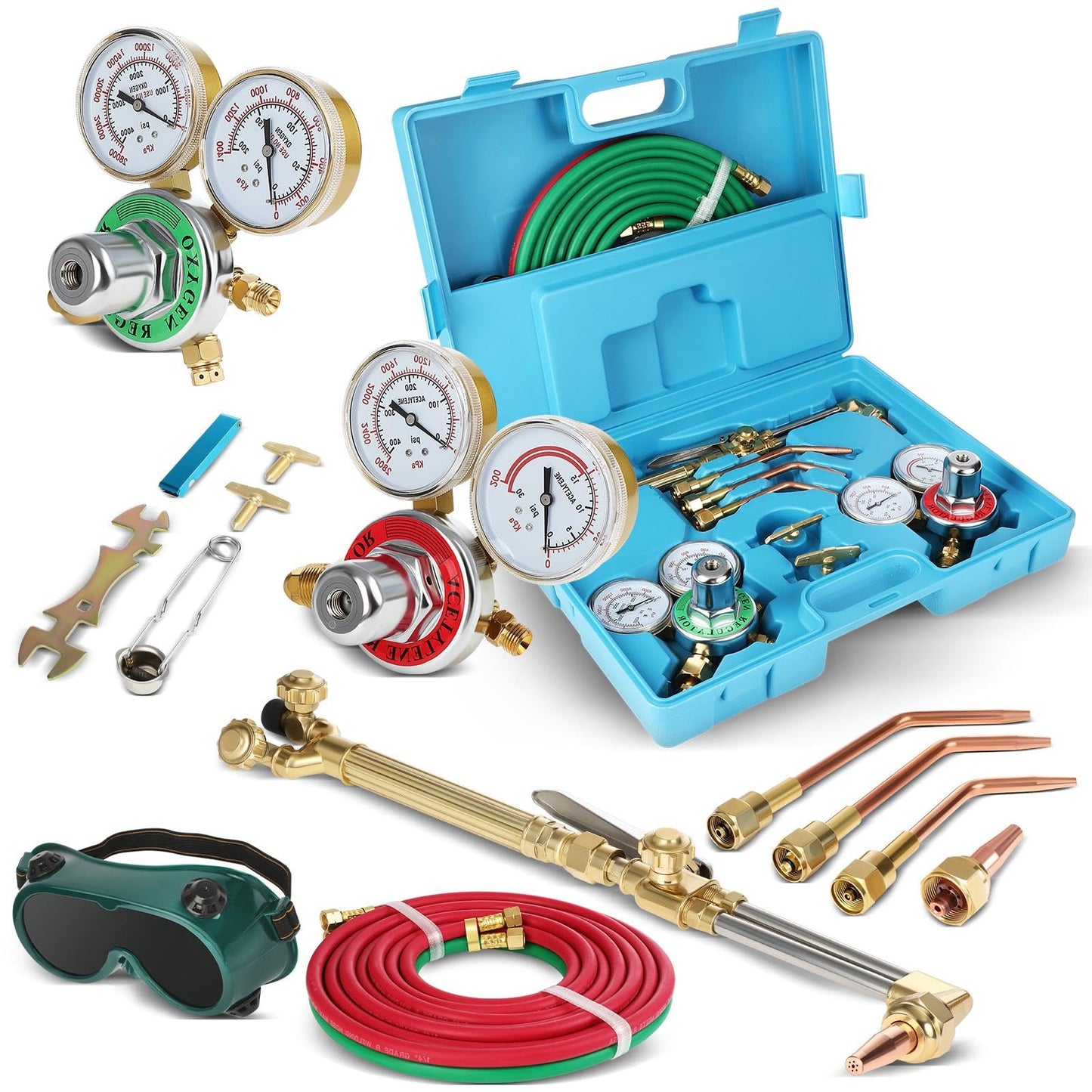 Oxygen Acetylene Torch Kit, Cutting Torch Kit, Professional Brazing Set, Gas Welding Kits, Portable Oxygen Acetylene Welder Include Nozzles, Check Valves, Regulator, Hoses, Gauges, Storage Case Blue