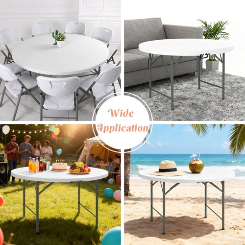 JALANCY 4 FT Round Folding Tables with Carrying Handle Lightweight Portable Plastic Commercial Table Steel Legs for Party, Dining, Wedding, Events, Picnic Indoor, Outdoor (White,1 Pack)