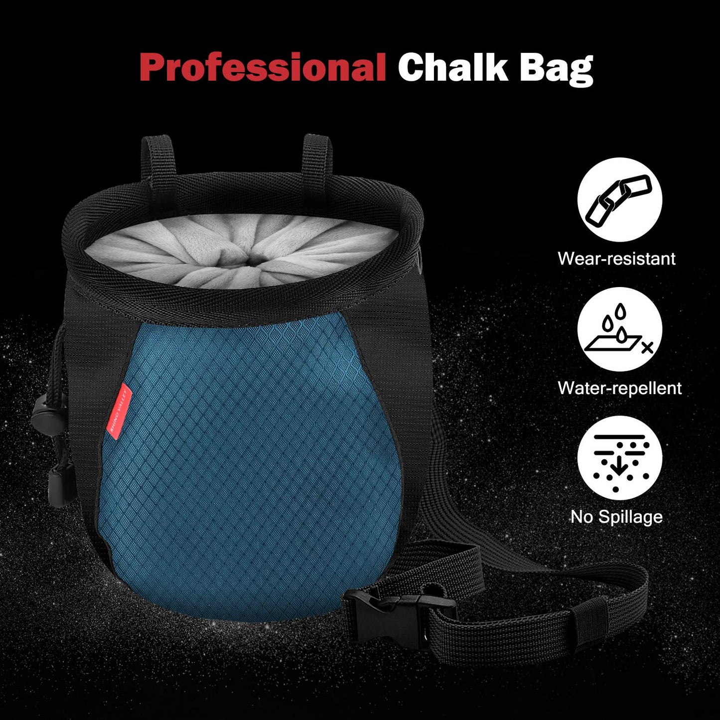 Rhino Valley Climbing Chalk Bag, No Leak Drawstring Chalk Bag with Adjustable Belt, Carabiner Clip and Zippered Pockets Chalk Bag for Rock Climbing, Cross Fit, Weight Lifting & More,Black & Royal Blue