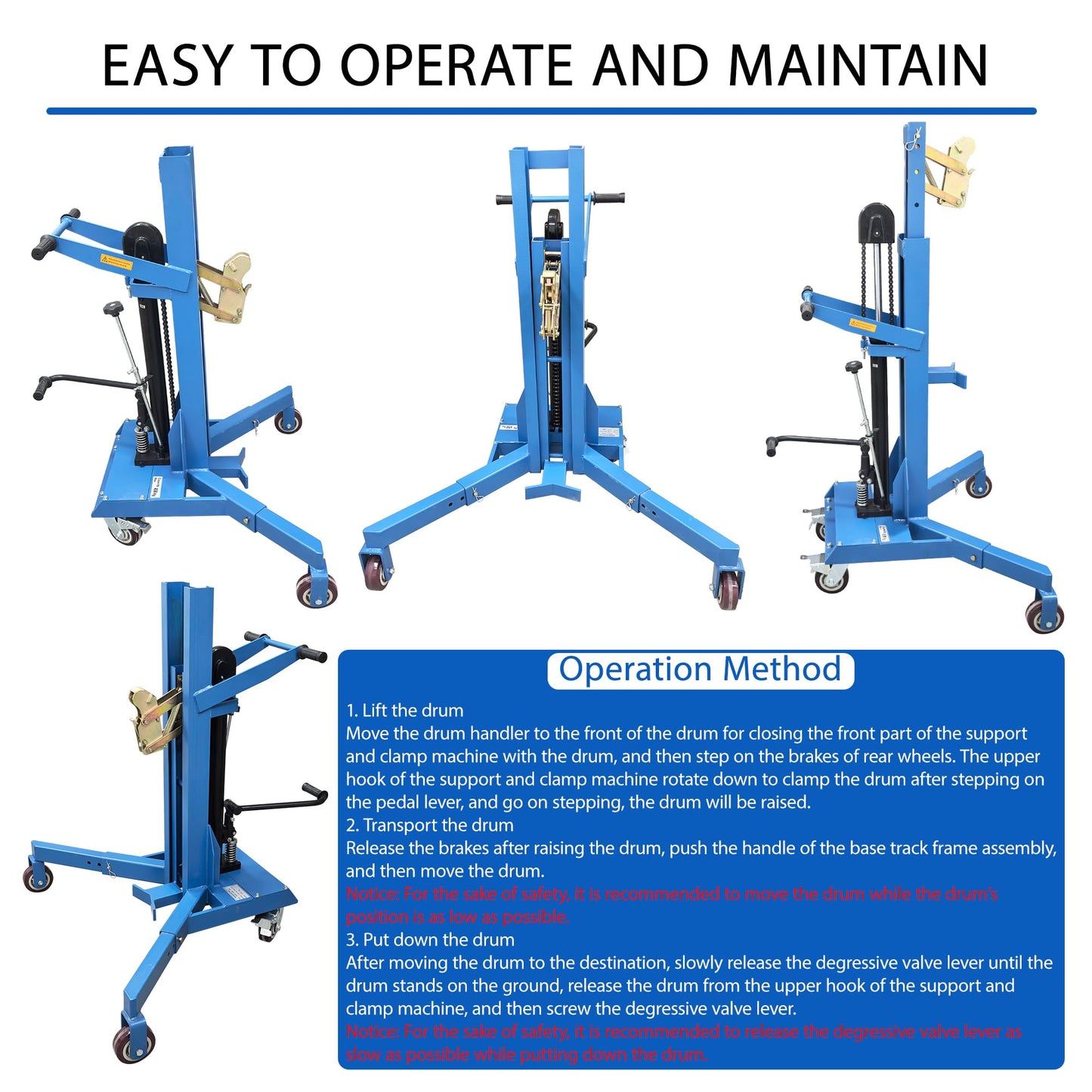 HayWHNKN Manual Hydraulic Drum Handler, Drum Lift Truck with Extendable Legs for 30-55 Gal Steel/Plastic Barrels, 450kg Capacity, 19.69" Lift Height, Easy Clamp Eagle Beak, for Factories & Warehouse
