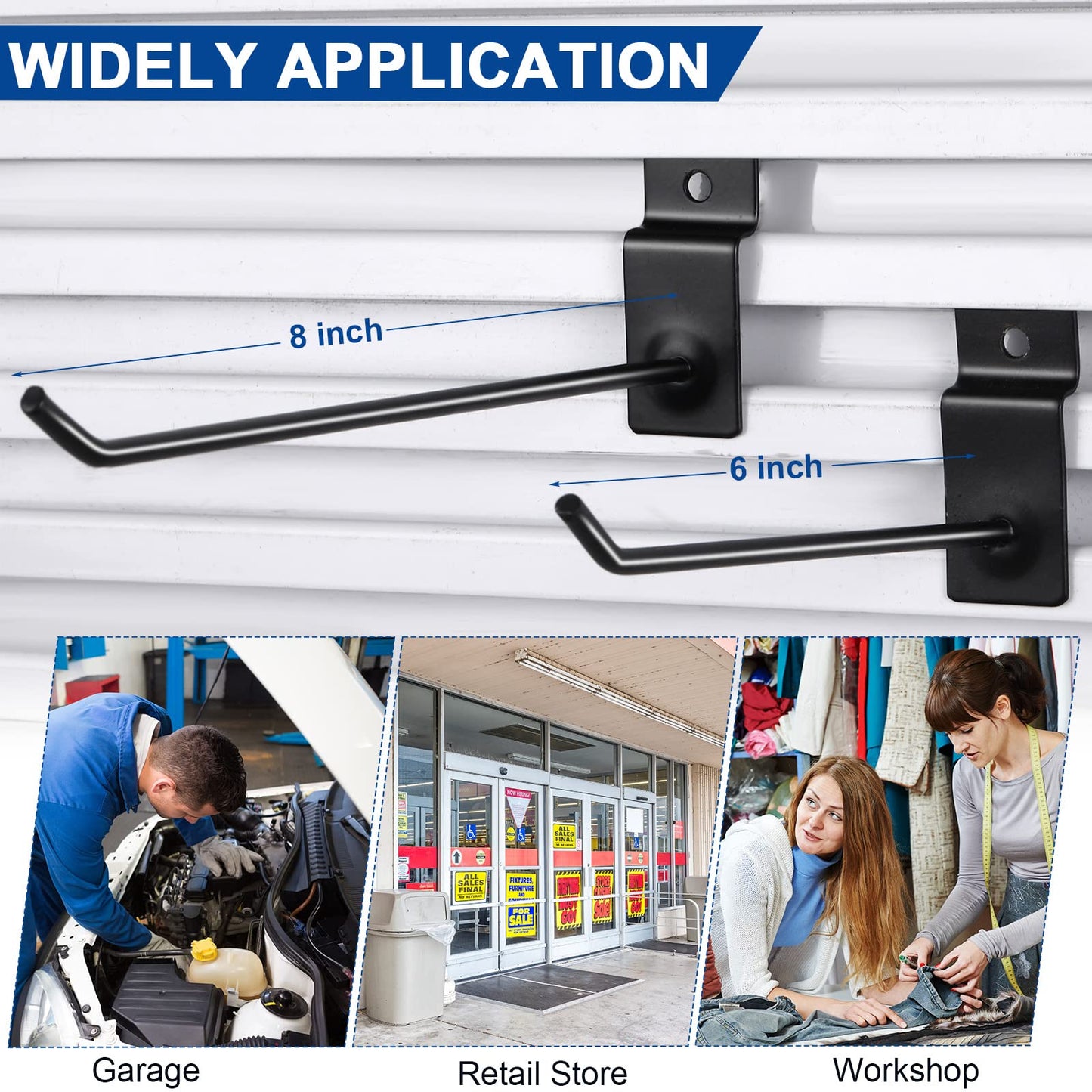 Moxweyeni 100 Pack Slatwall Hooks Panel Display Hooks Slat Board Peg Accessories Heavy Duty Hanging Shelf Brackets Metal Hangers for Garage Shop Retail Display(6 and 8 Inch,Black)