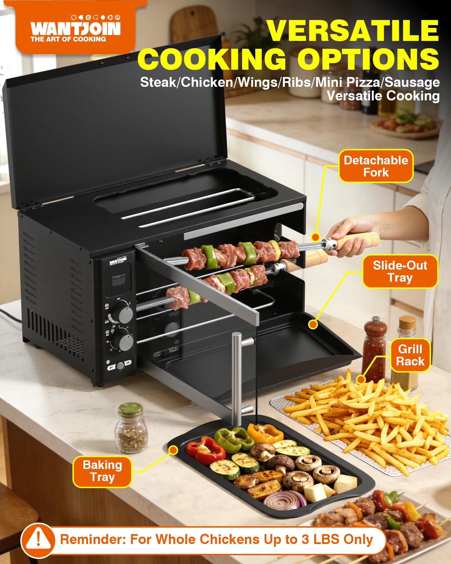 WantJoin Electric Rotisserie Oven - 37QT 3-in-1 Rotisserie Grill Oven, Dual Skewers, Grilling Rack, 360°Auto-Rotate Heating, Rotisserie Cooker Machine for Home Kitchen & Party Use,1800W
