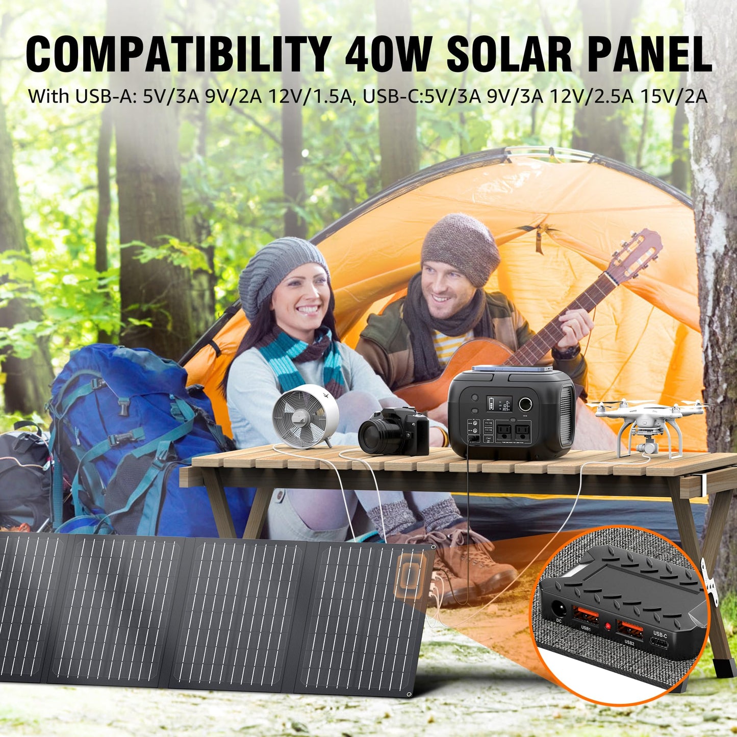 SinKeu Solar Powered Generator 300W Peak/70400mAh, 260Wh Portable Power Station with Panels 40W Included, Solar Generator with AC Outlet 110V for Home Use, Camping, Outdoor, Power Backup