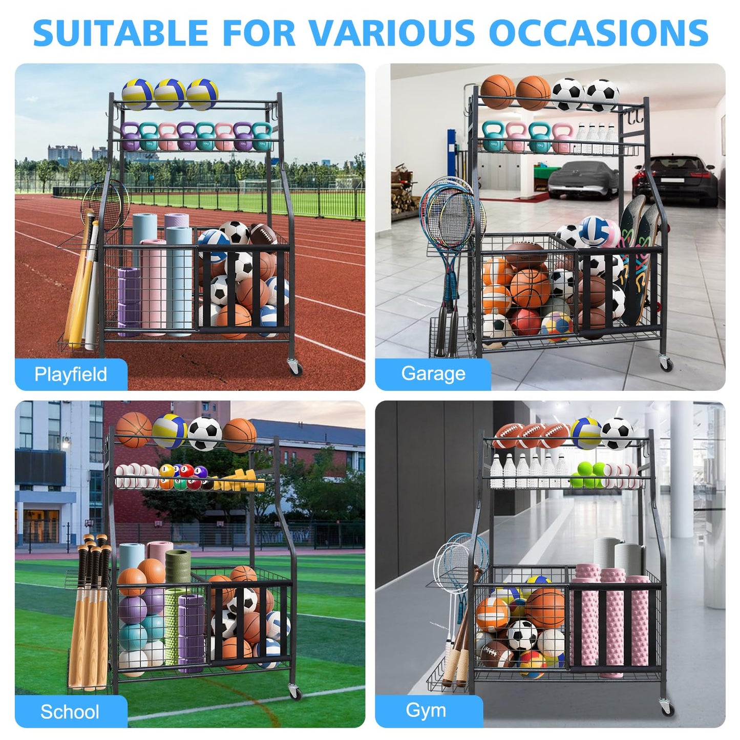 ICSPOID Sports Equipment Garage Organizer, Garage Ball Storage Rack with Basket, Hooks and Rolling Cart for Sports Gear and Toy Storage, Heavy Duty Ball Holder Indoor/Outdoor Use