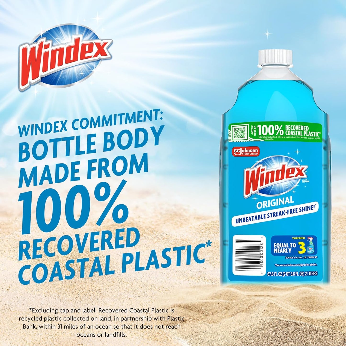 Windex Glass & Window Cleaner Refill - Eco-Friendly 100% Recycled Plastic, Original Blue Scent, 2L