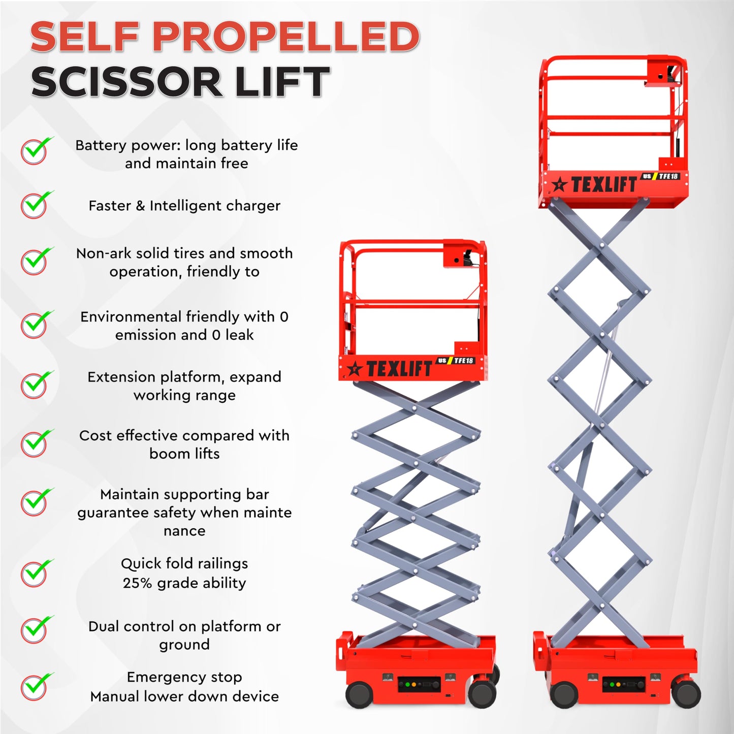 Full Electric Self-Propelled Scissor Lift – Hydraulic Mobile Lifter Aerial Work Platform Height 18 Feet Overall Height 25 Feet – Portable Man Lift Table for Home and Commercial Use - (US-TFE18)