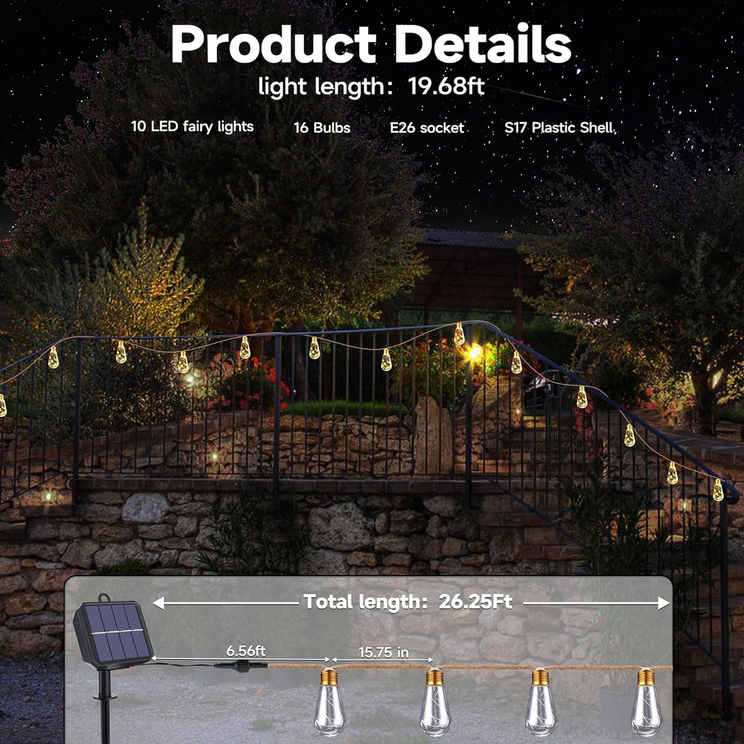Skiennix Solar Outdoor String Lights - 20Ft Vintage Rope Hemp | Waterproof Warm White with 8 Modes & 16 Shatterproof Bulbs