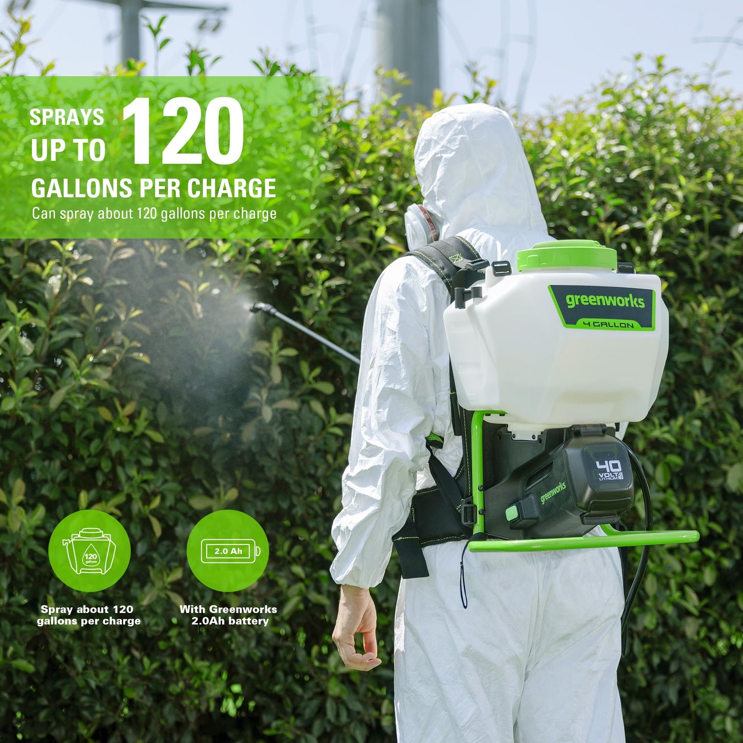 Greenworks 40V Cordless Backpack Sprayer (4 Gallon / 5 Tips / 25 FT Spray) For Weeding, Spraying, and Cleaning, Tool Only