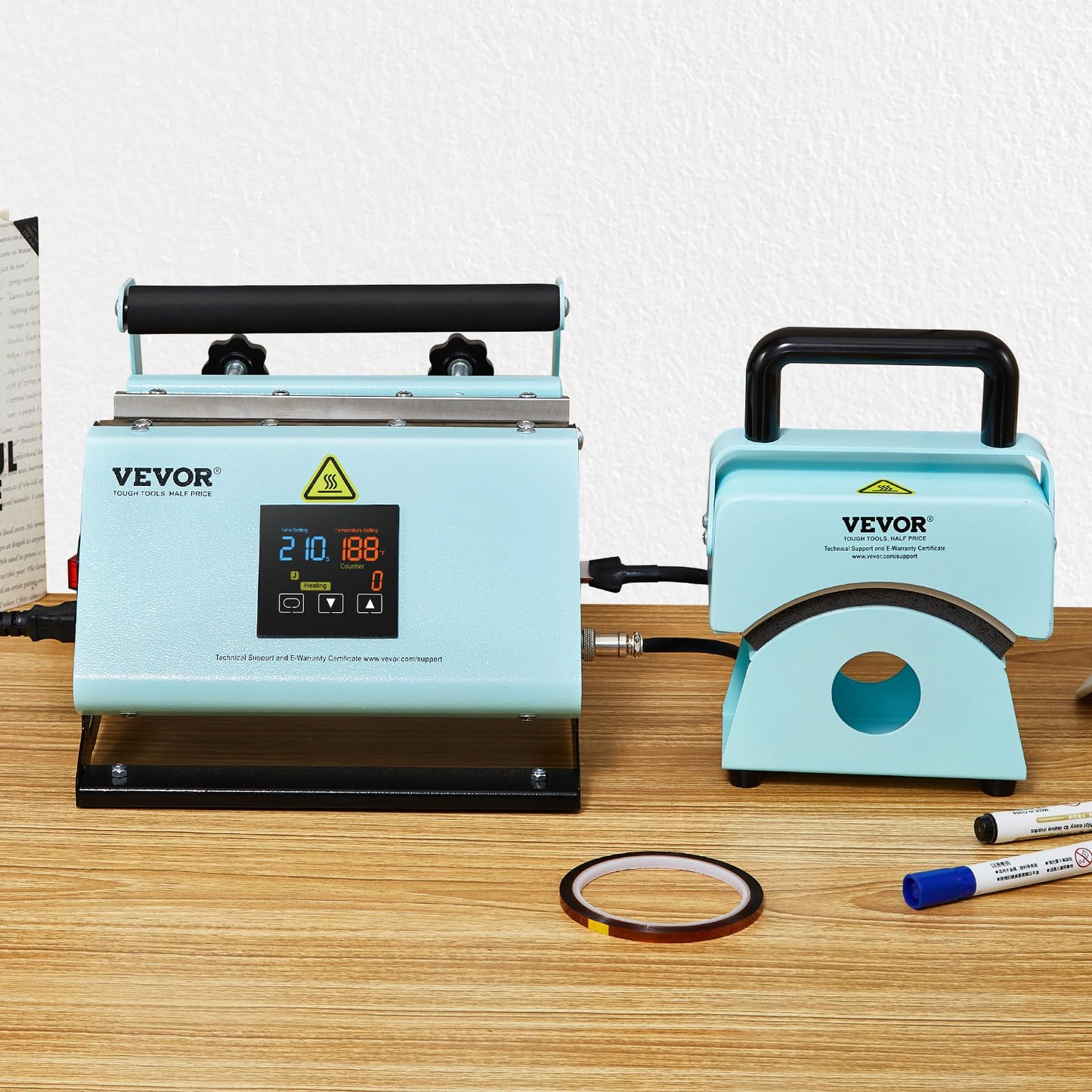 VEVOR 2 in 1 Tumbler and Hat Heat Press Machine, Mini Press for Caps, 11-30oz Sublimation Mugs, Temperature and Time Control, Green