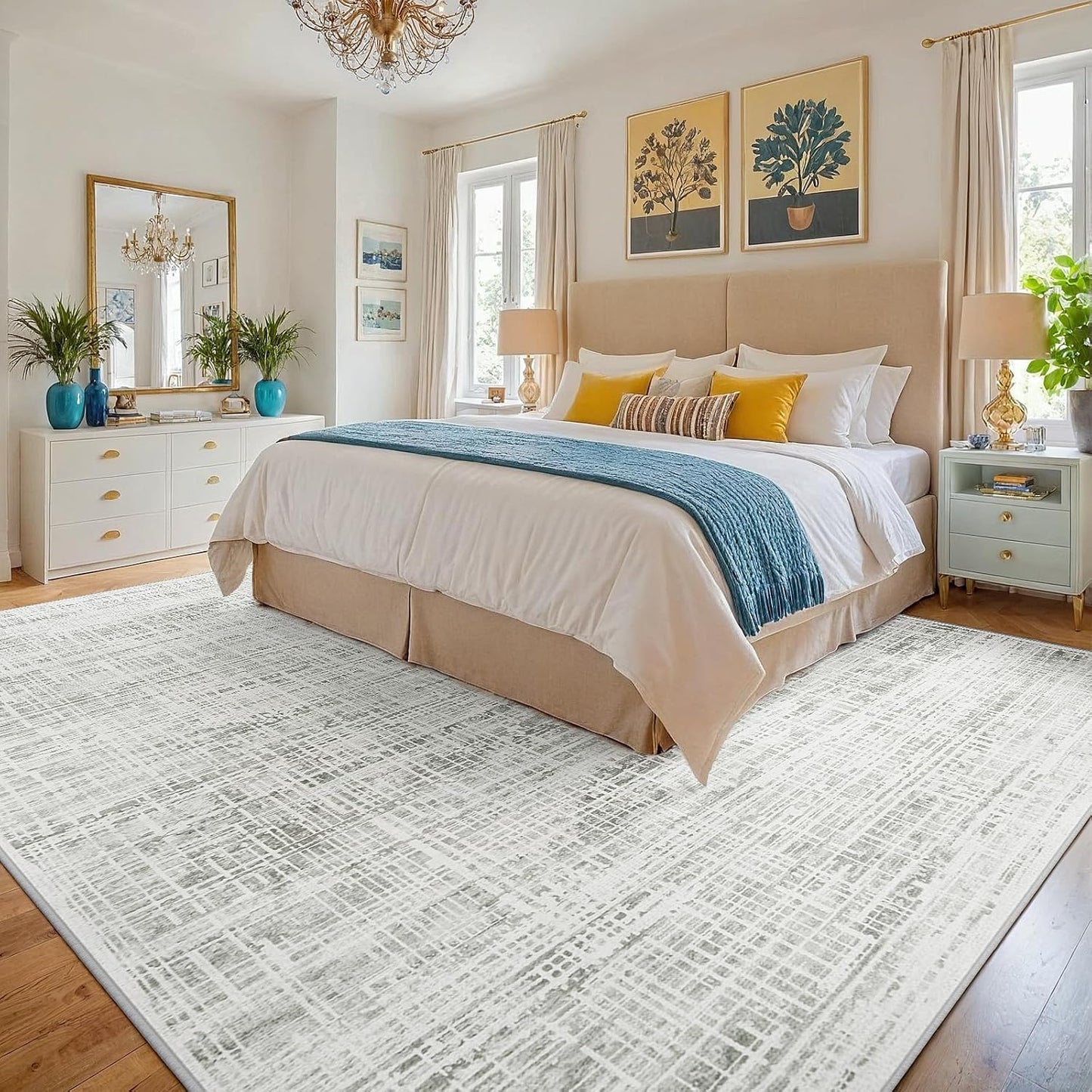 Skiennix 8x10 Area Rug - Washable Anti-Skid Abstract Design for Living Room | Soft Non-Shedding Carpet (White Gray)