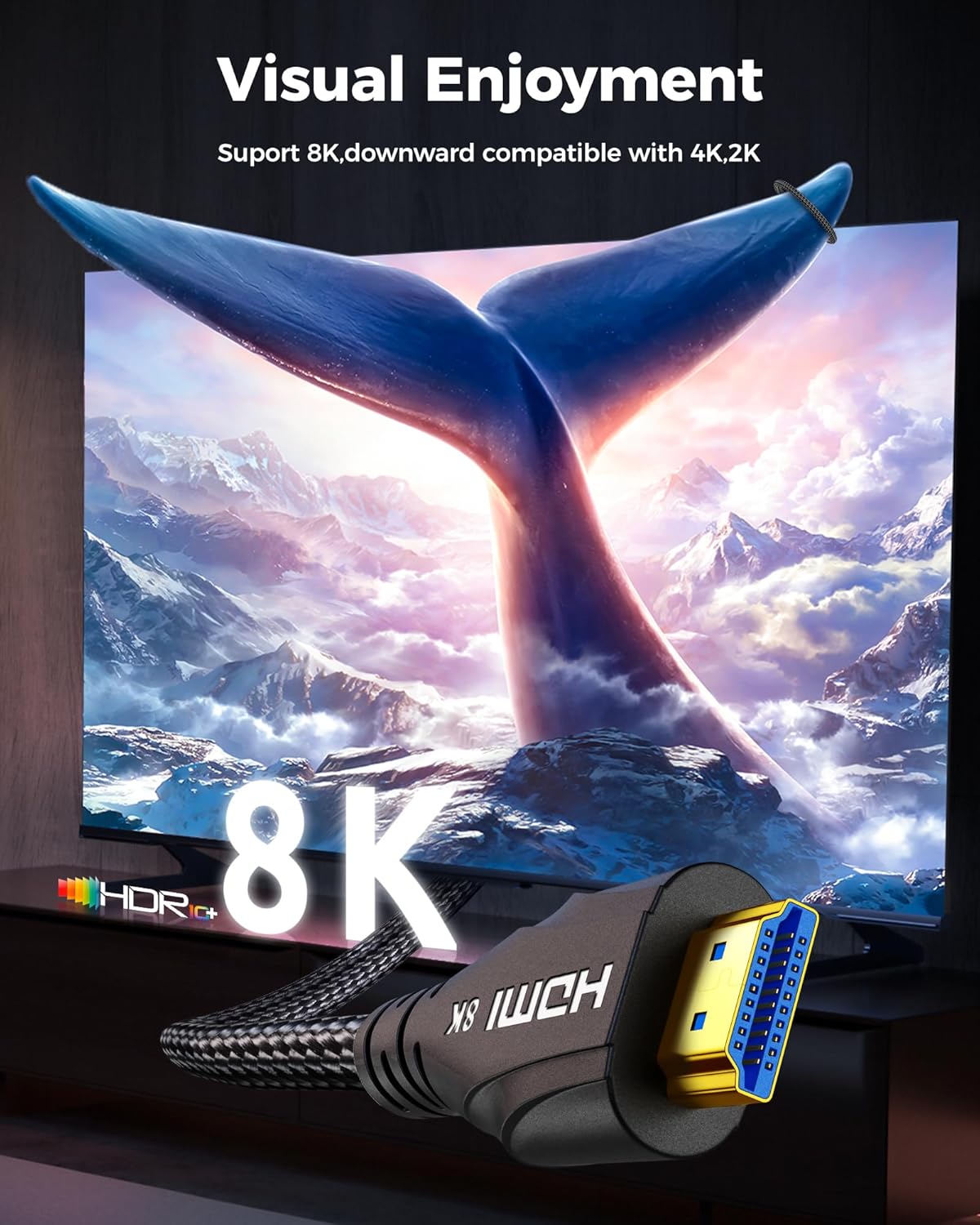 25FT 4K 120hz,8K 60hz,48Gbps 2.3,eARC Cratree HDMI Cable Long - High-Speed HDMI Braided Cord,HDCP - Compatible