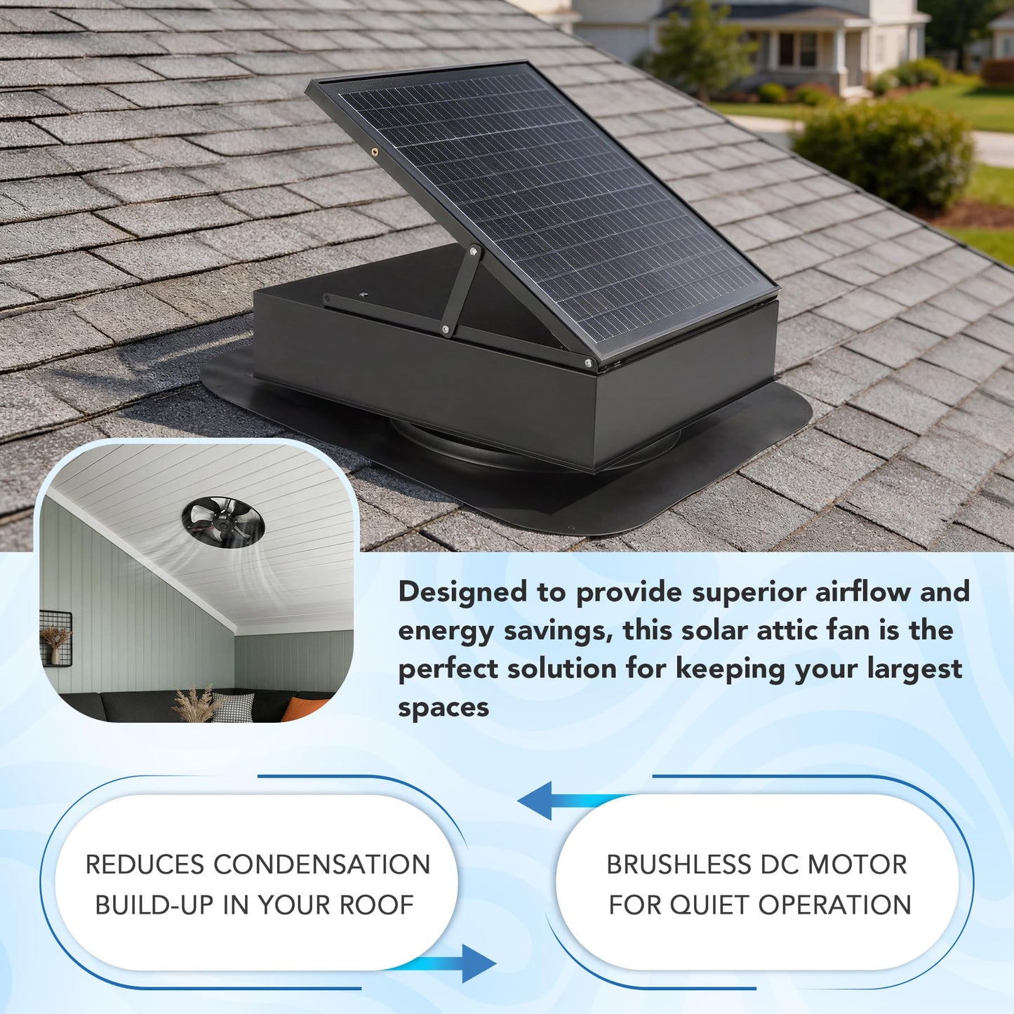 Fnova 35W Solar Attic Fan, 2200 CFM Solar Roof Vent Fan with Auto Temp Control, Powerful Brushless Motor for Cooling Attic, Garage, Shed, Greenhouse up to 1000 sq.ft, Only Fan