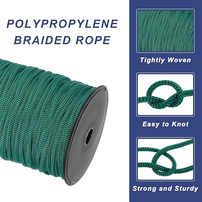 MECCANIXITY 3/16 Inch Polypropylene Rope Braided Ropes, 328ft Nylon Rope Hollow Utility Cord for Clothesline, Camping, Hiking, Outdoor, Ink Green